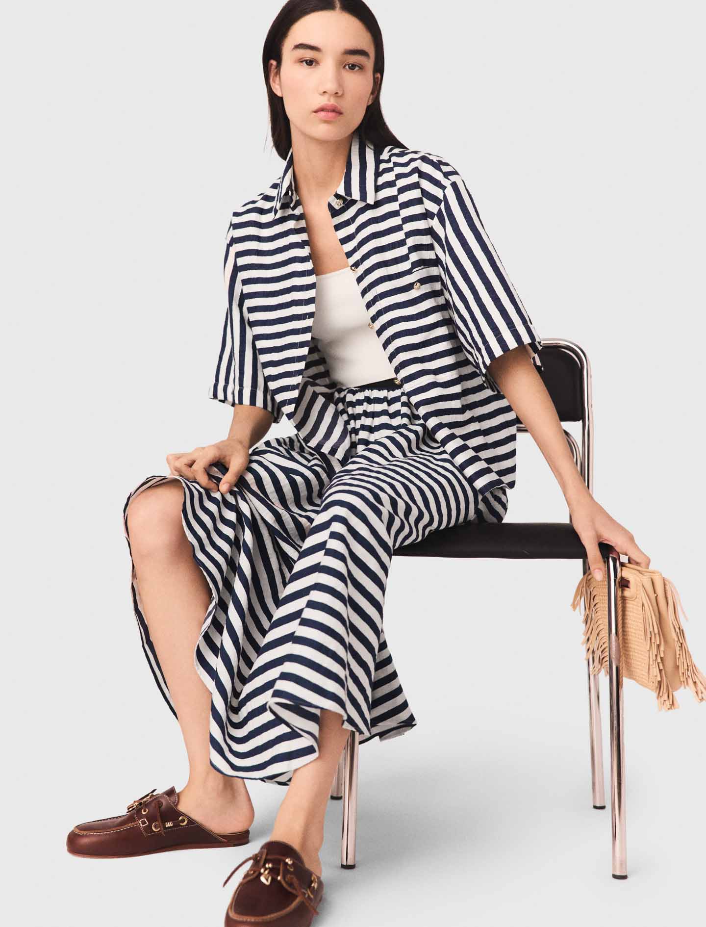 Linen blend midi skirt - Blue