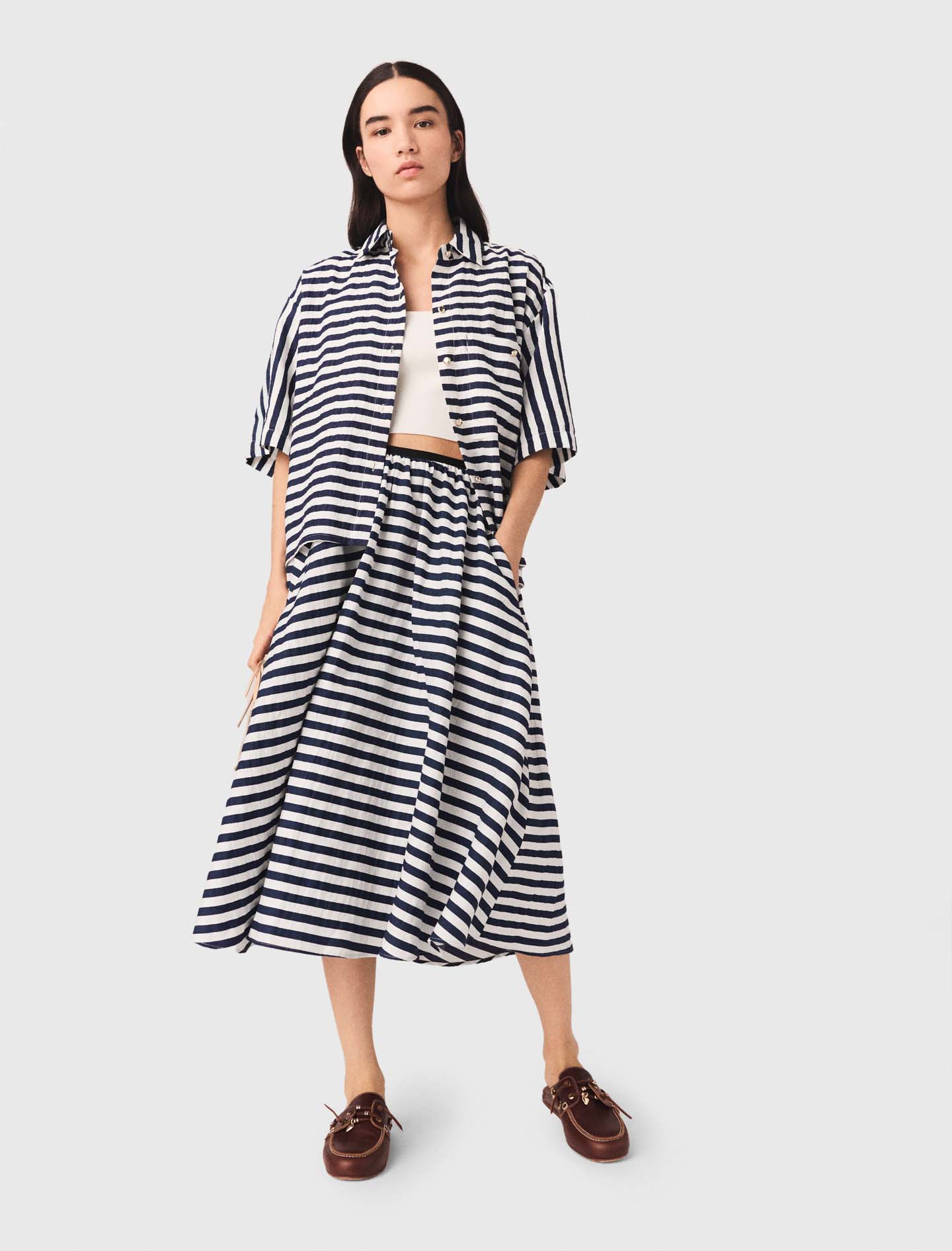 Linen blend midi skirt - Blue