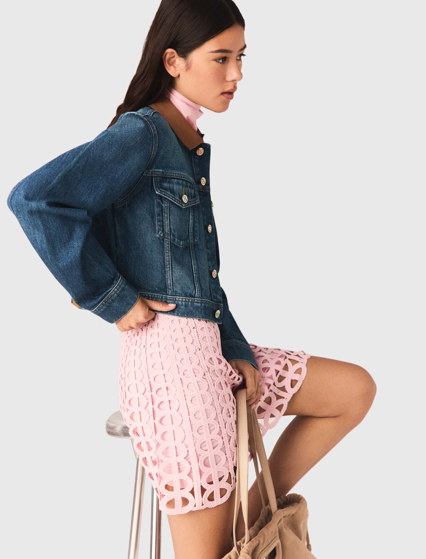 Denim jacket with leather collar - Blue