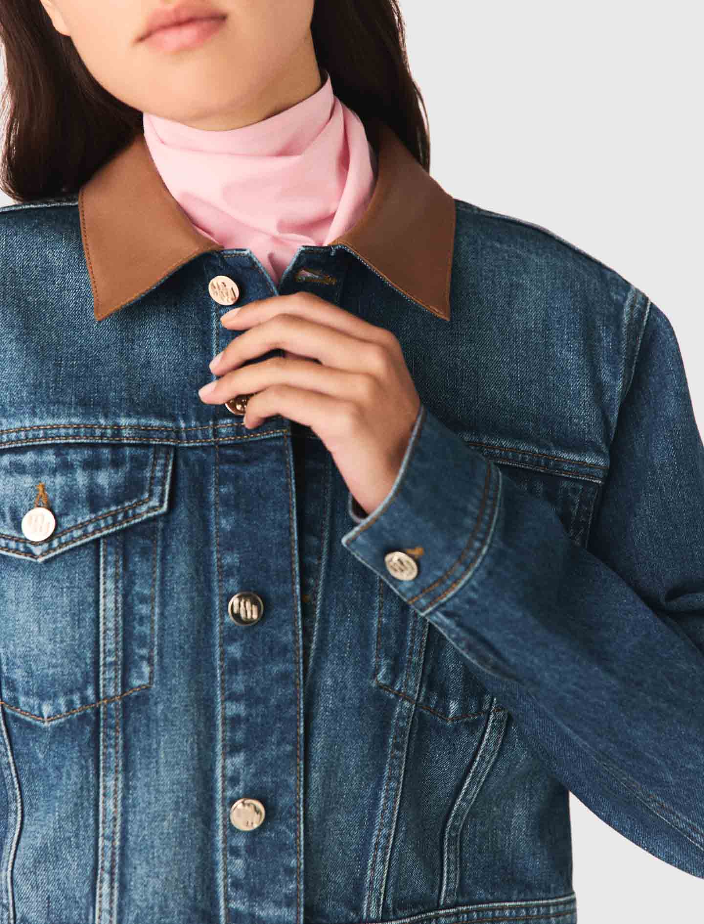 Denim jacket with leather collar - Blue