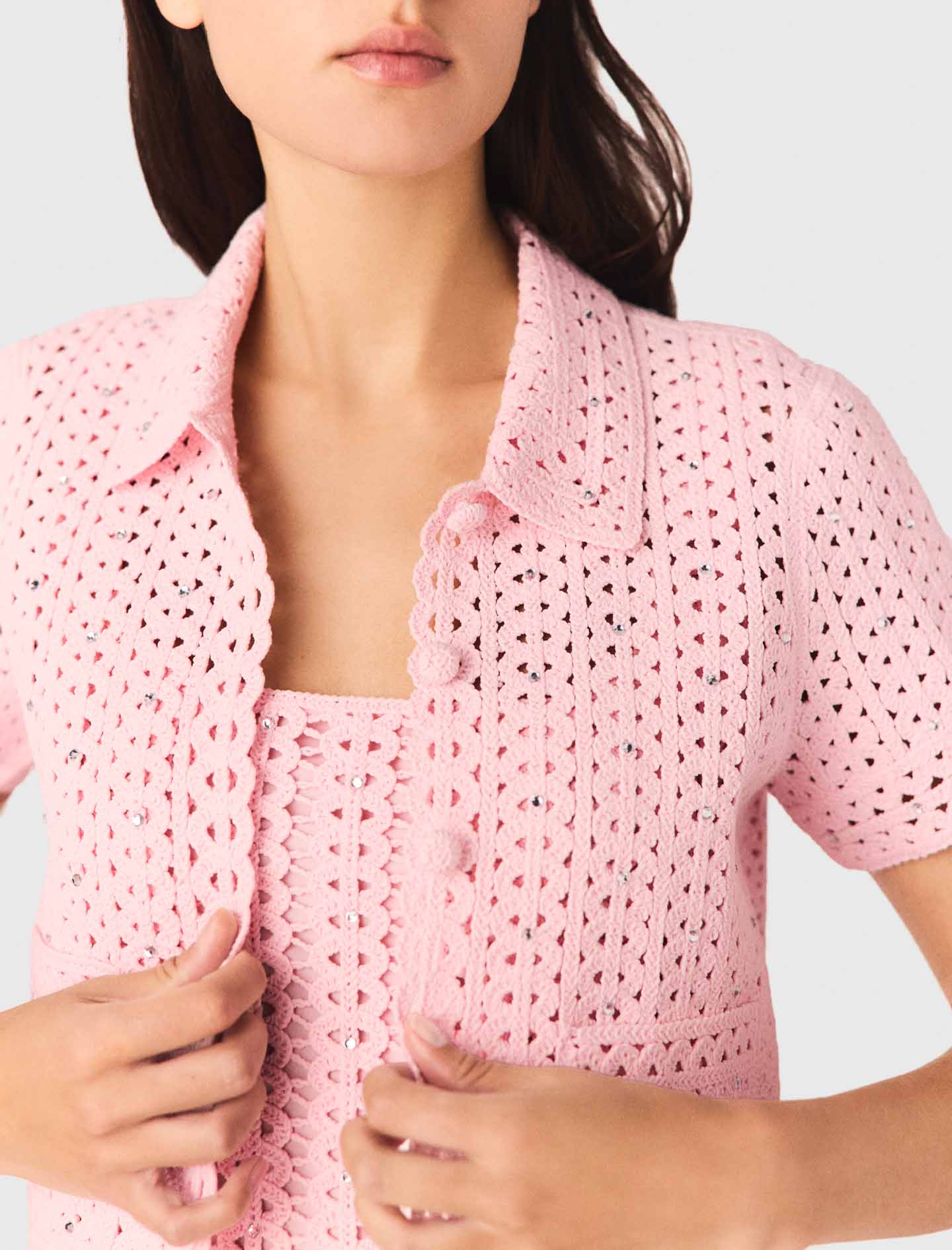 Rhinestone crochet cardigan - Pink