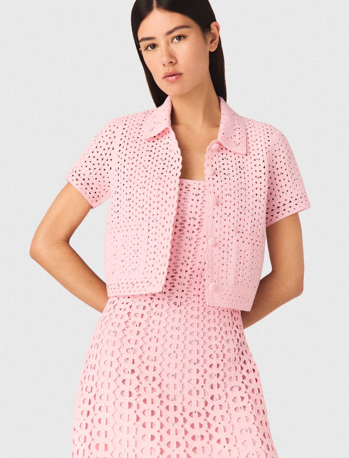 Rhinestone crochet cardigan - Pink