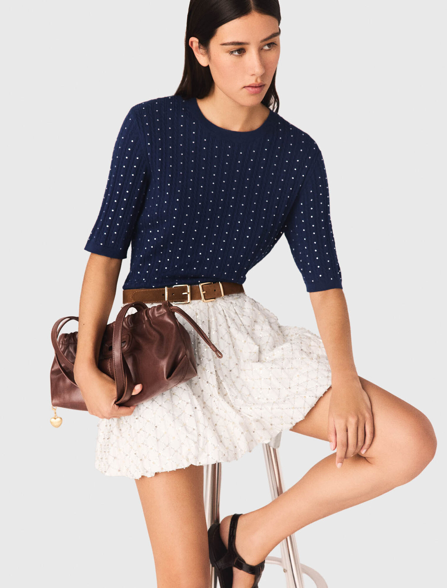 Round neck rhinestone jumper - Navy