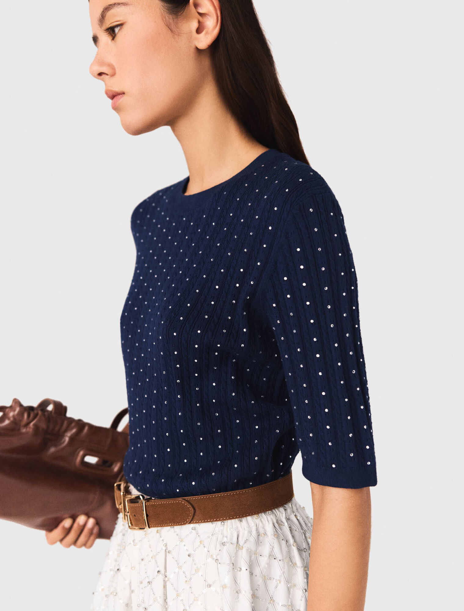 Round neck rhinestone jumper - Navy