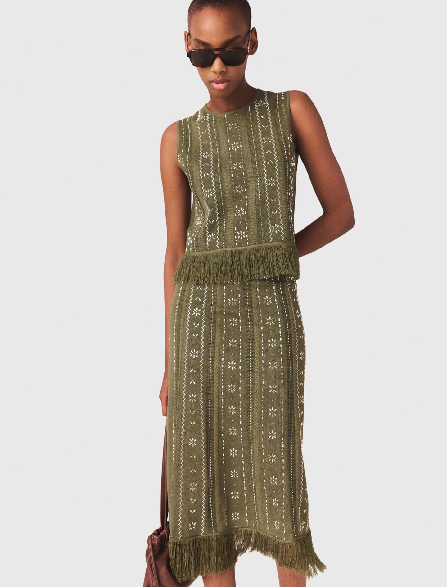 Knit skirt with rhinestone flowers - Green