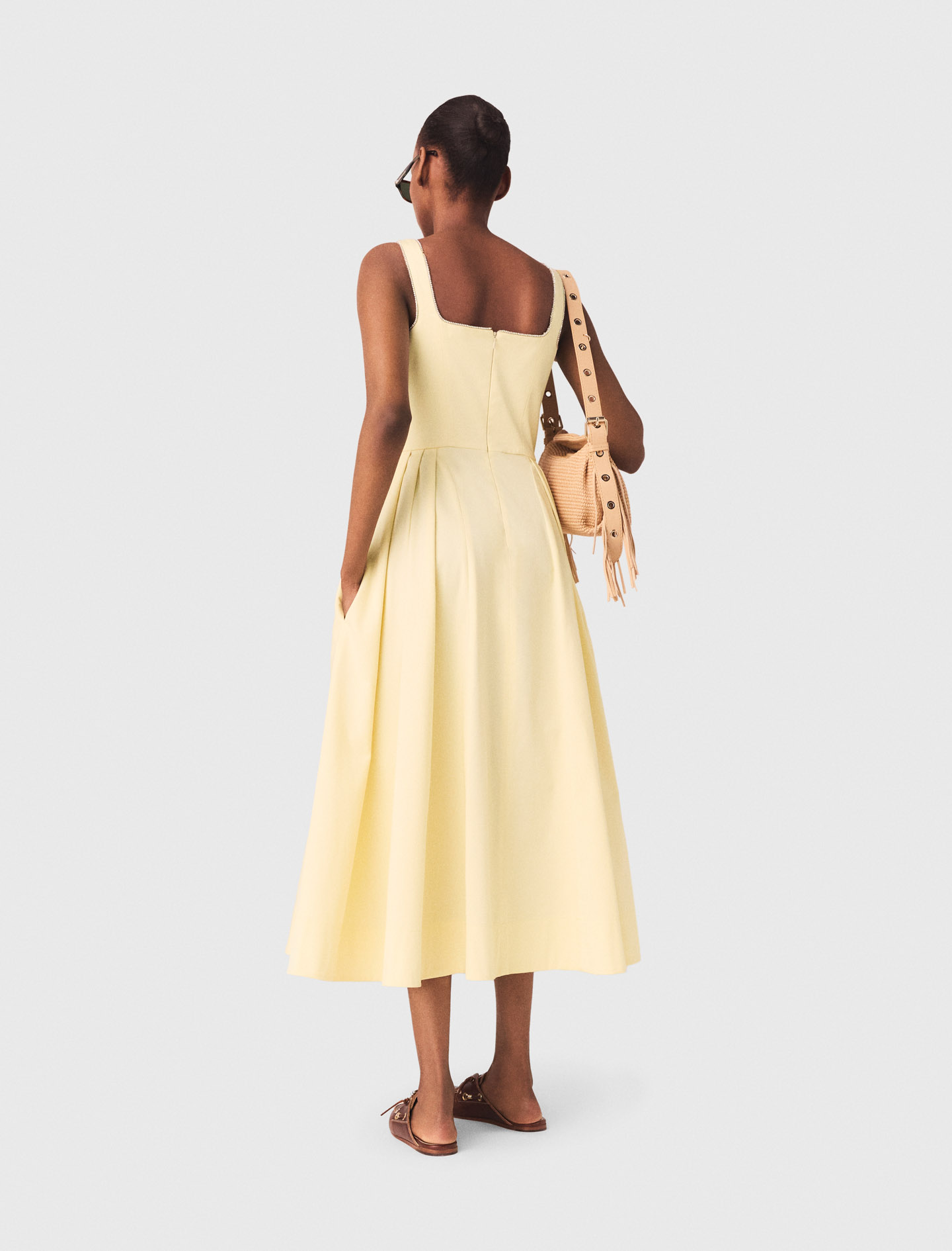 Flared rhinestone trim midi dress - Yellow