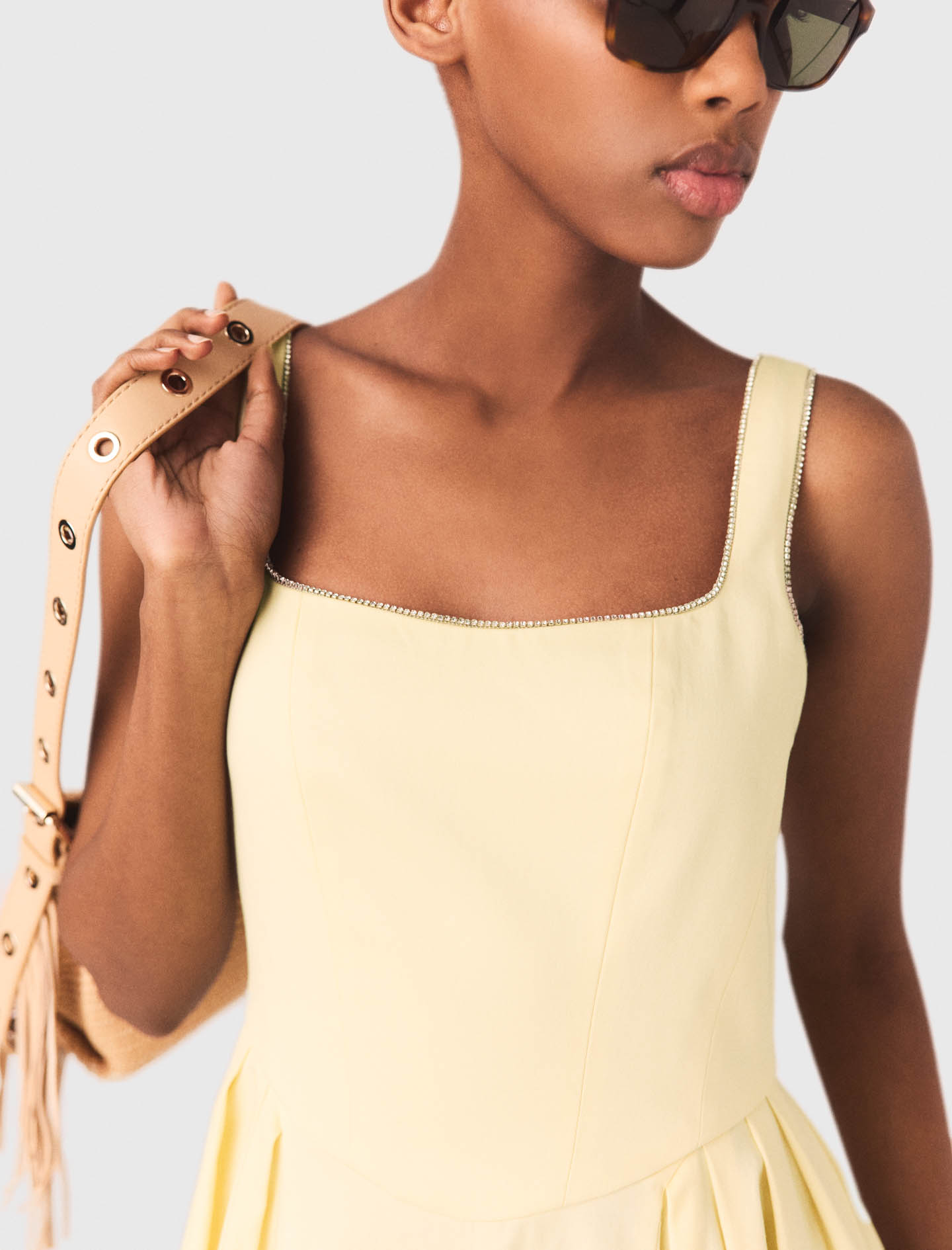 Flared rhinestone trim midi dress - Yellow