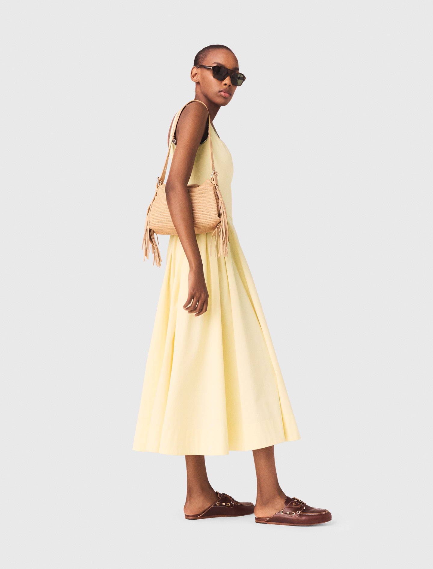 Flared rhinestone trim midi dress - Yellow