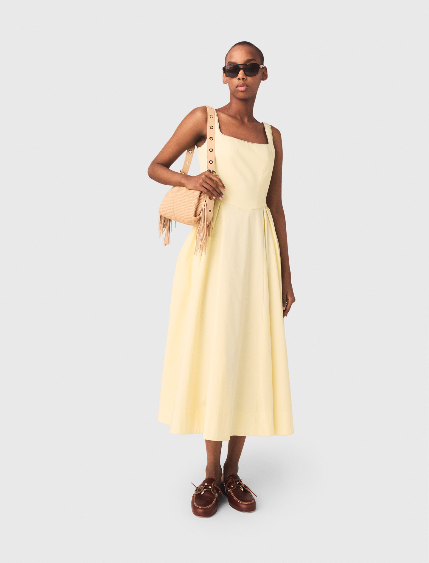 Flared rhinestone trim midi dress - Yellow