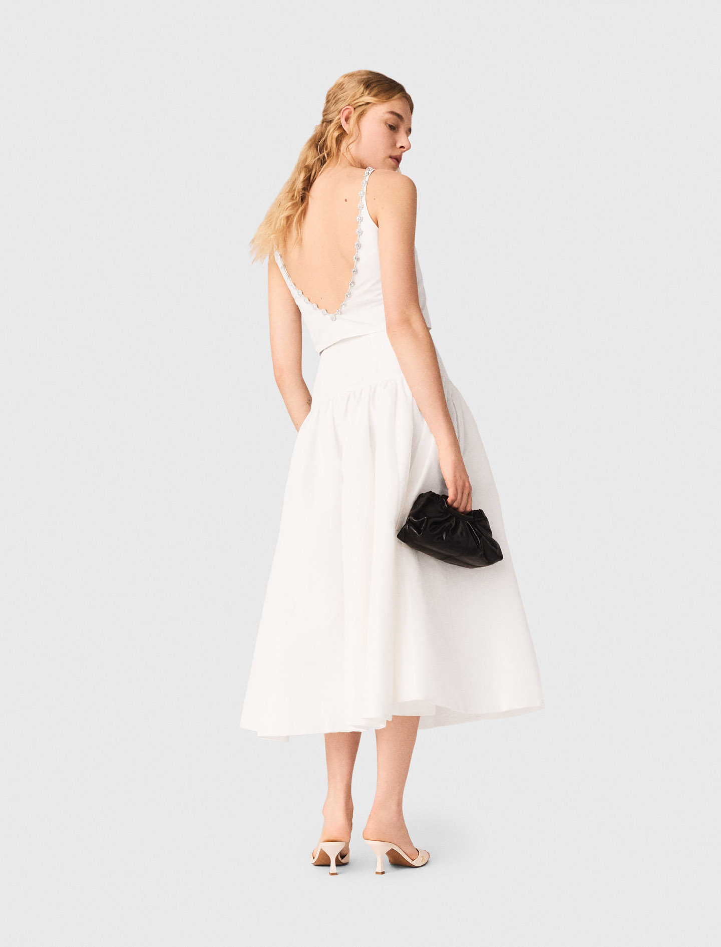 Jewelled collar taffeta crop top - White