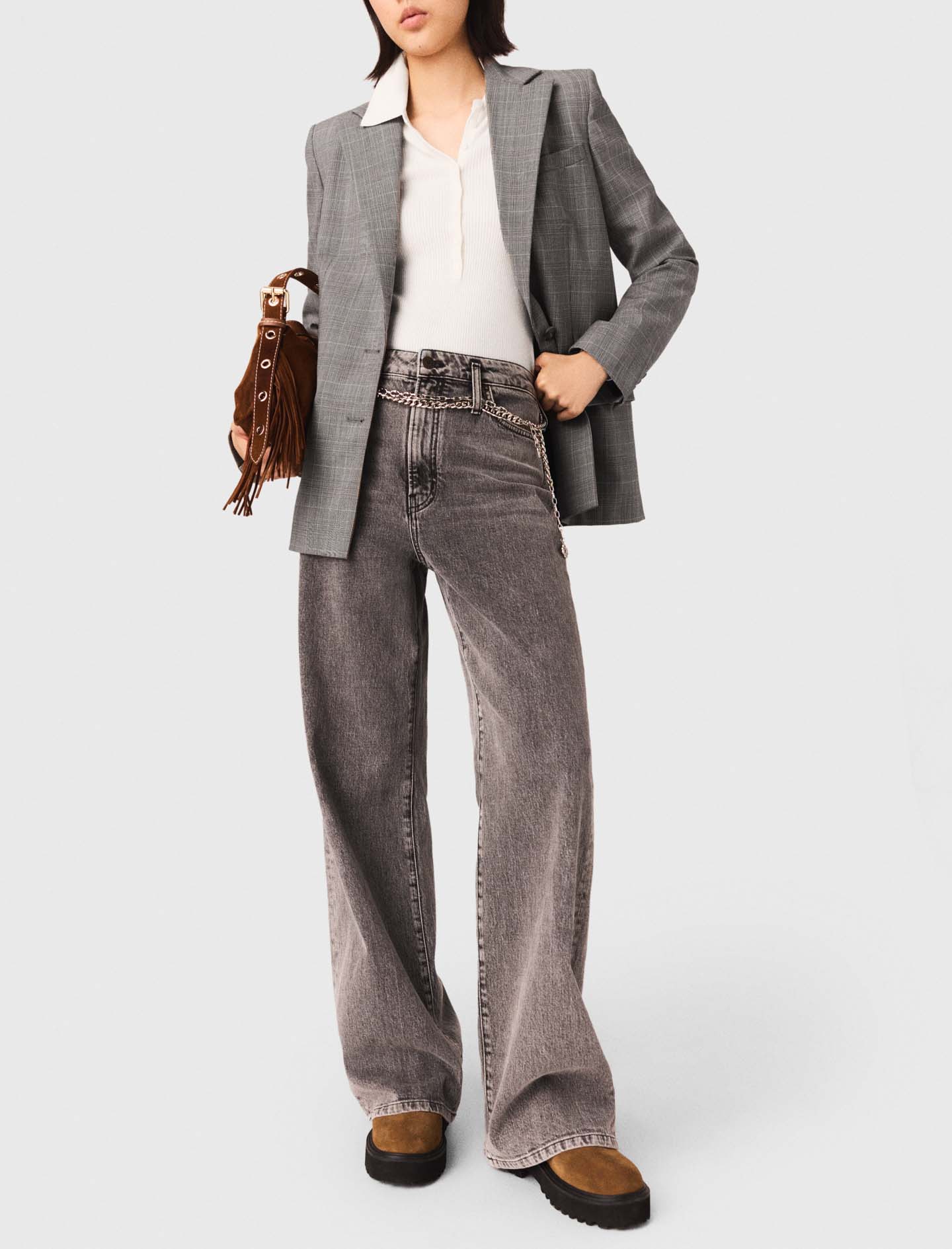 Wide leg jeans with chain link belt - Grey
