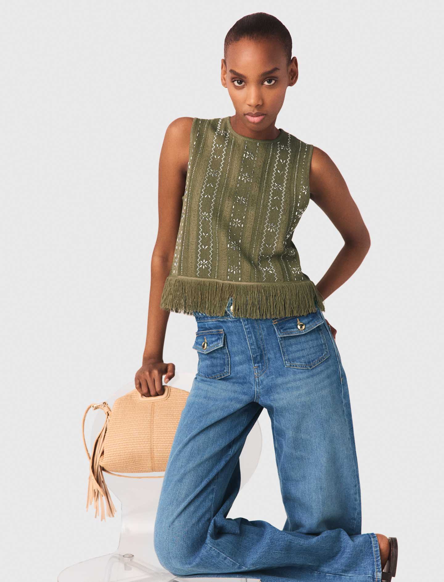 Fringed rhinestone flower top - Green