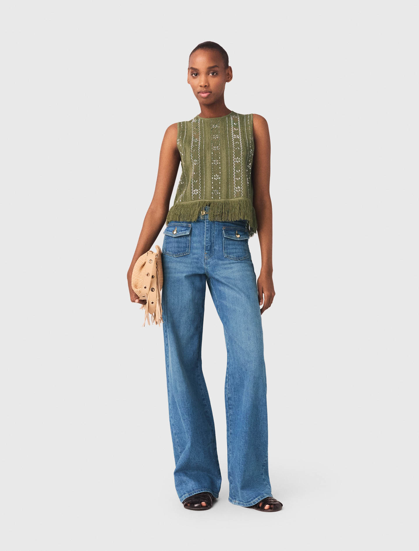 Fringed rhinestone flower top - Green