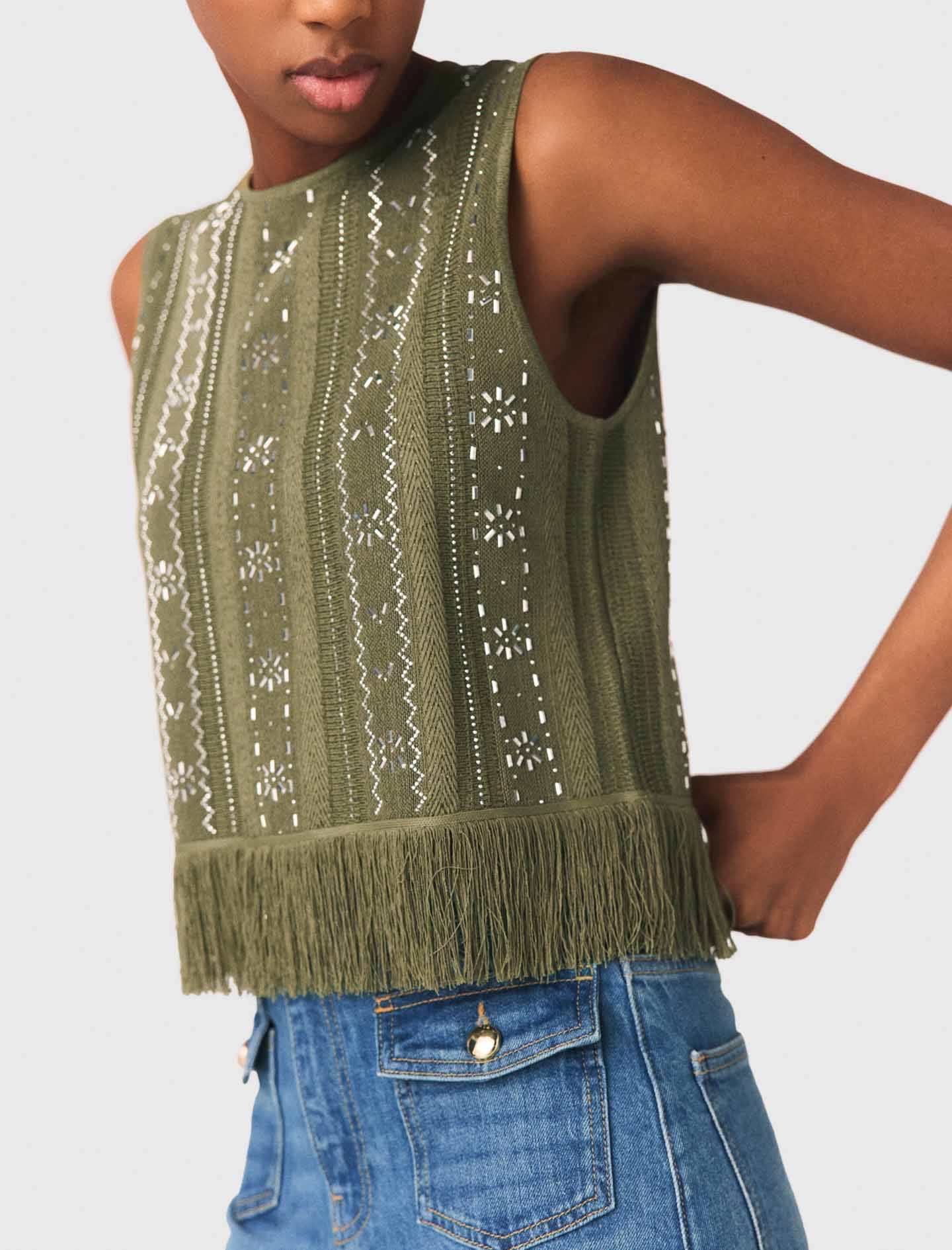 Fringed rhinestone flower top - Green