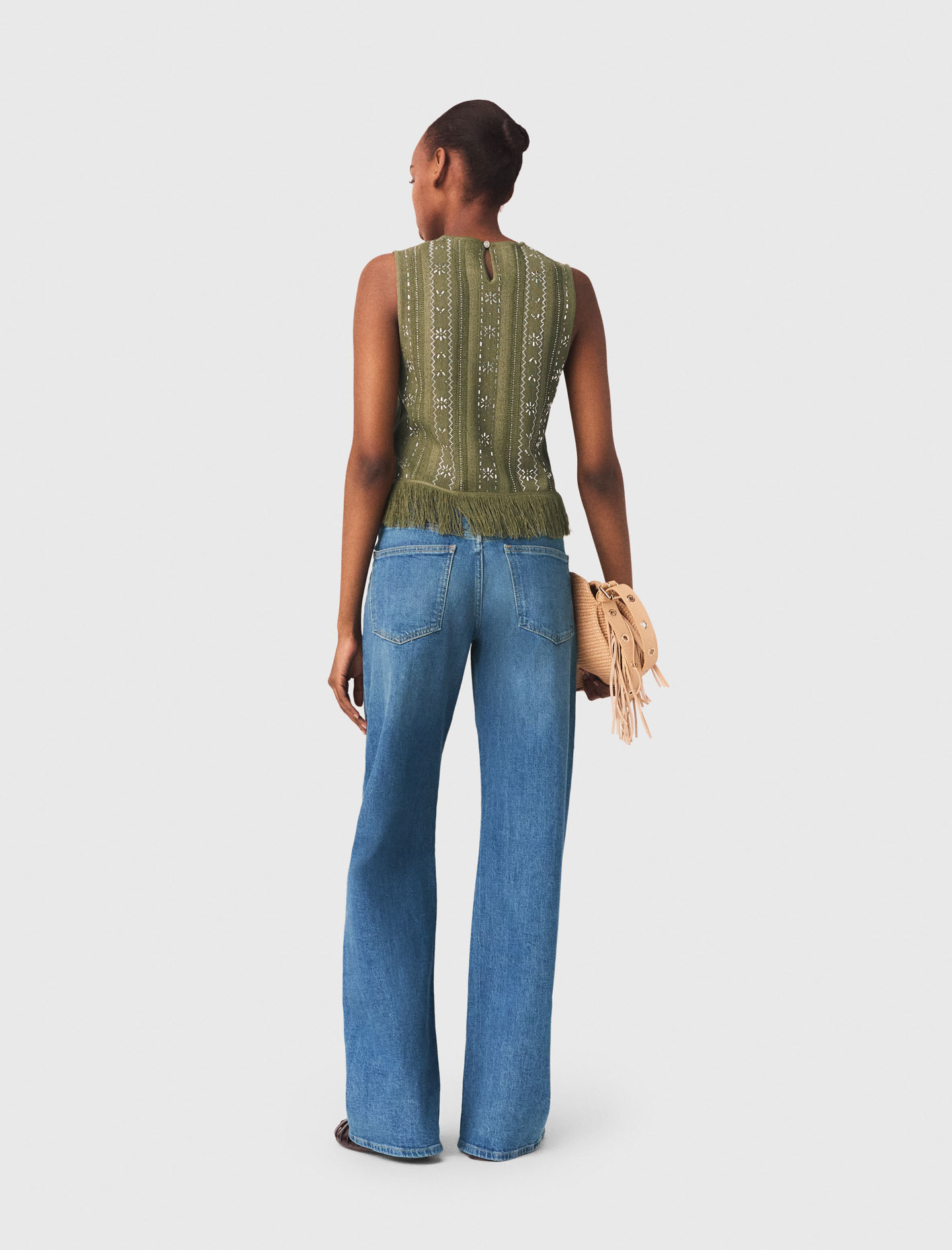 Fringed rhinestone flower top - Green