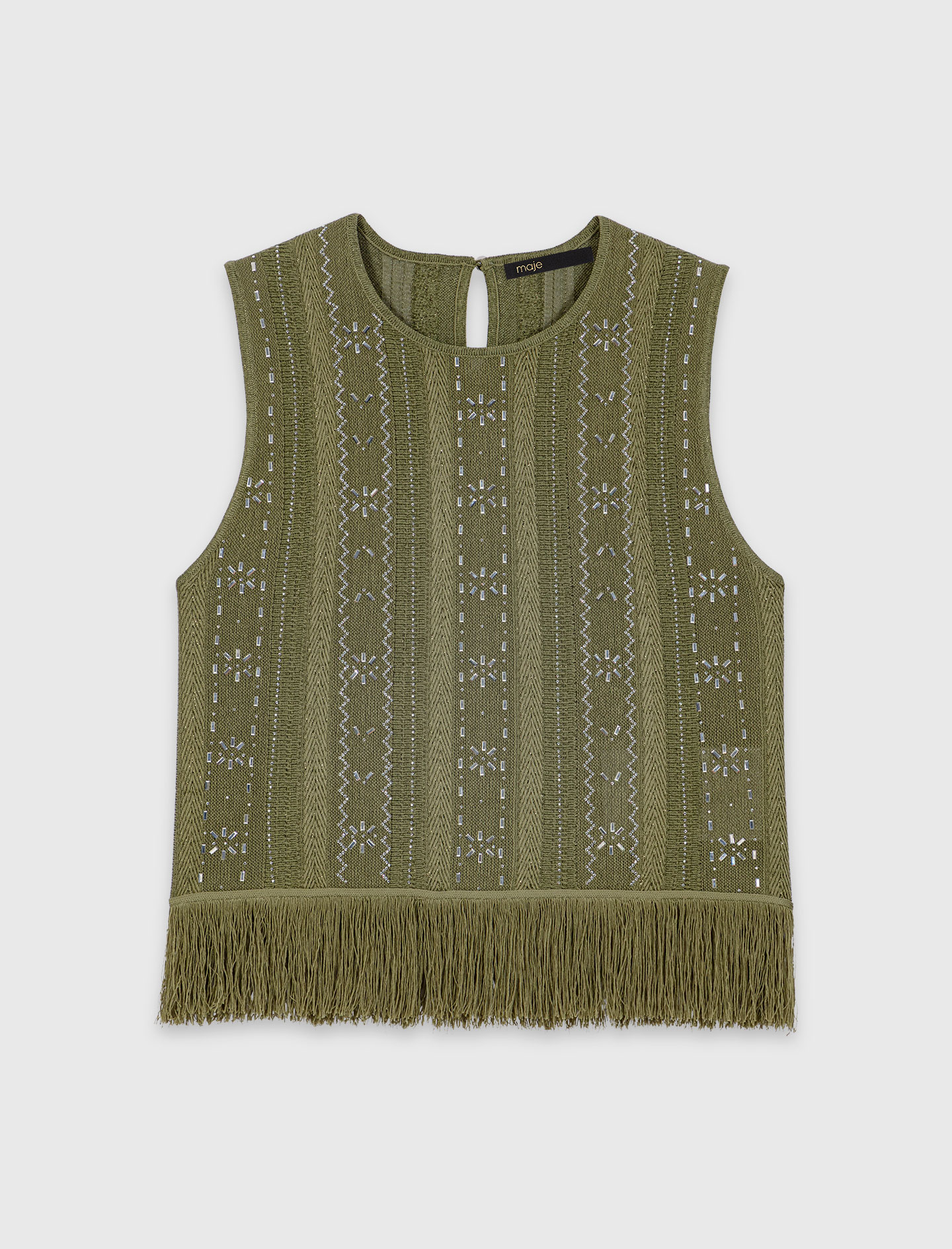 Fringed rhinestone flower top - Green