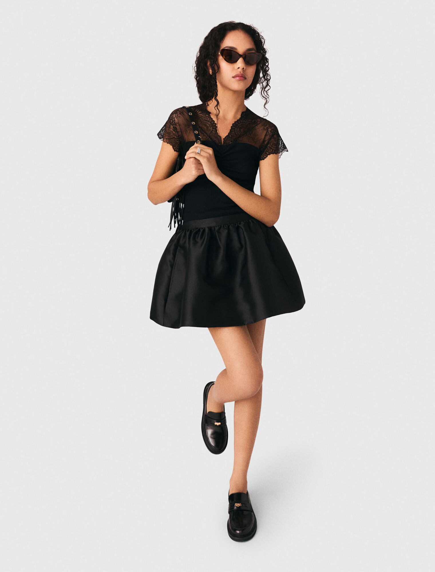 Jersey top with lace trim - Black