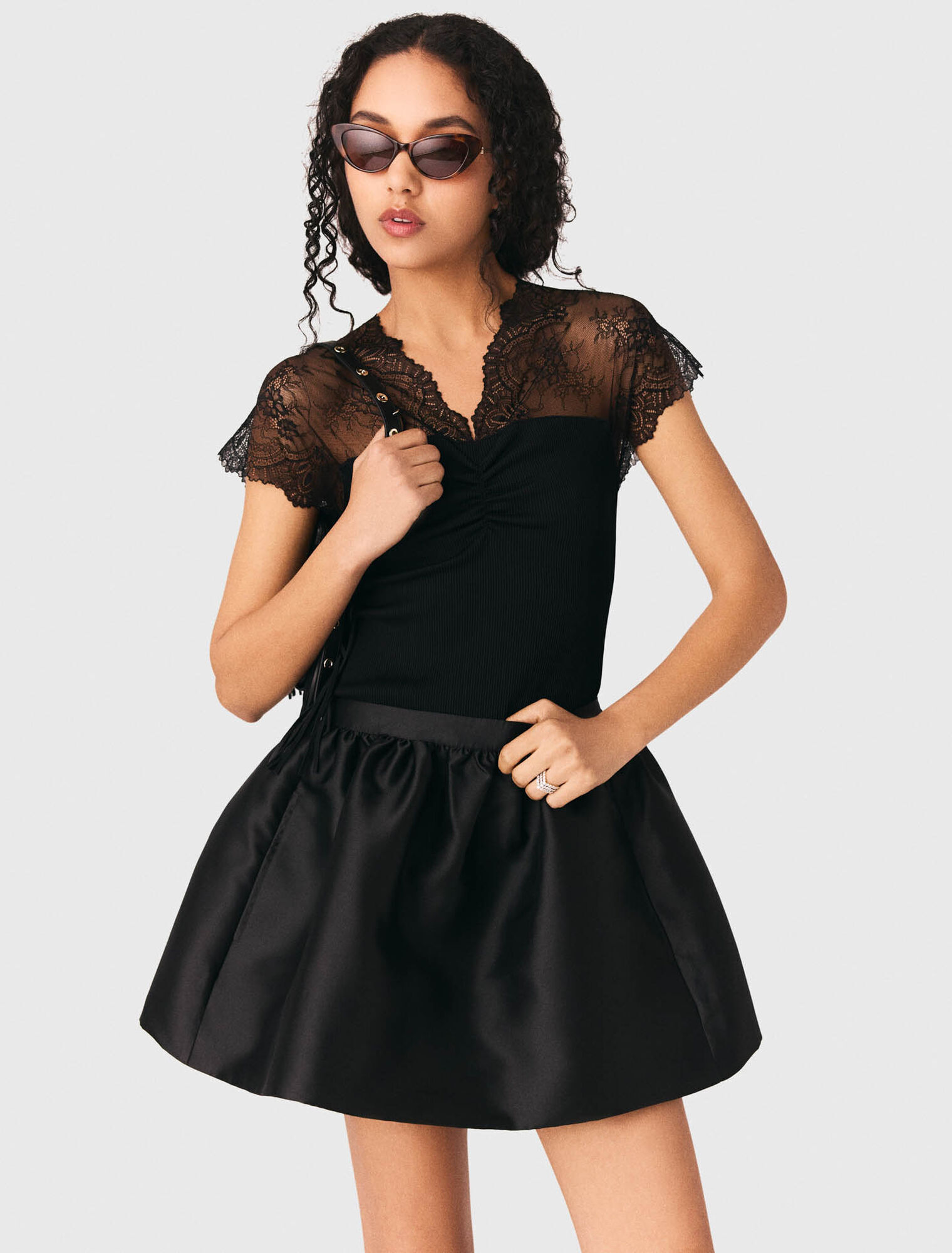 Jersey top with lace trim - Black