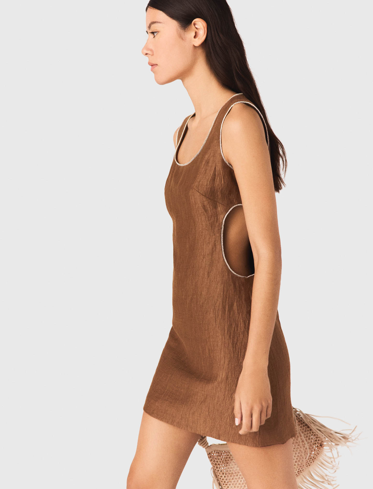 Short linen blend dress - Brown