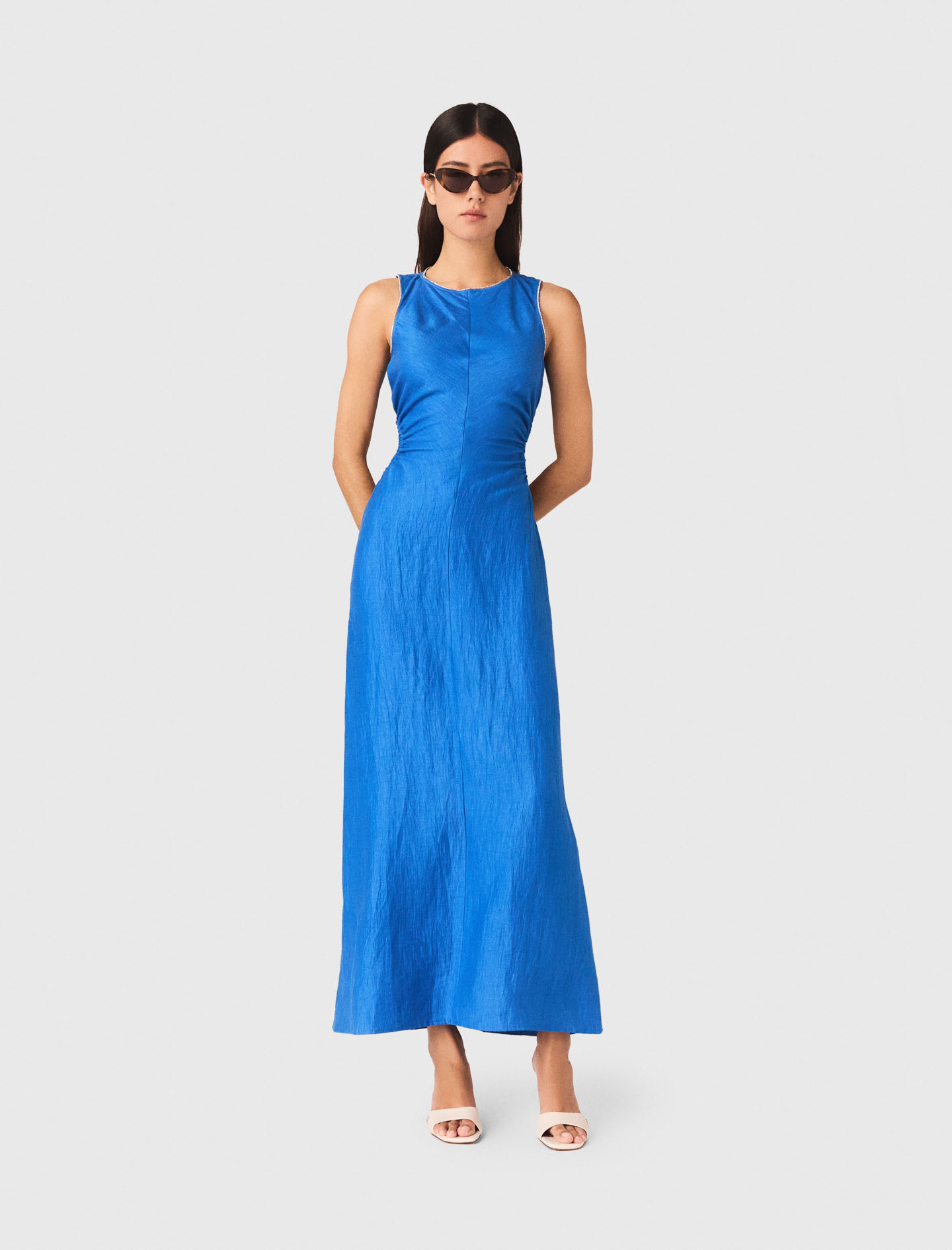 Backless linen blend midi dress - Blue