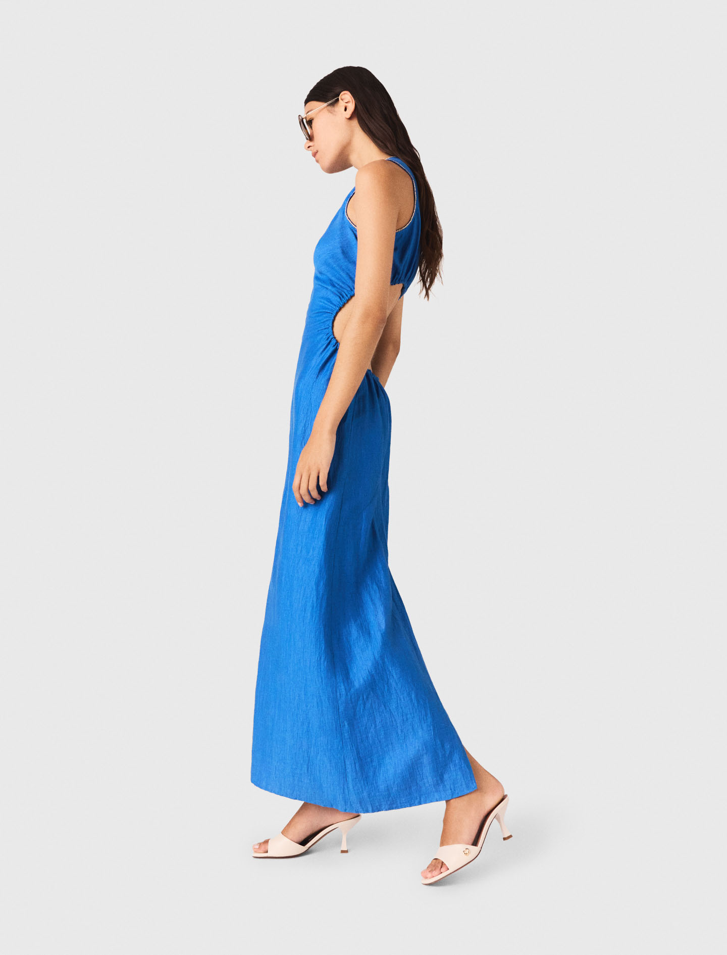 Backless linen blend midi dress - Blue