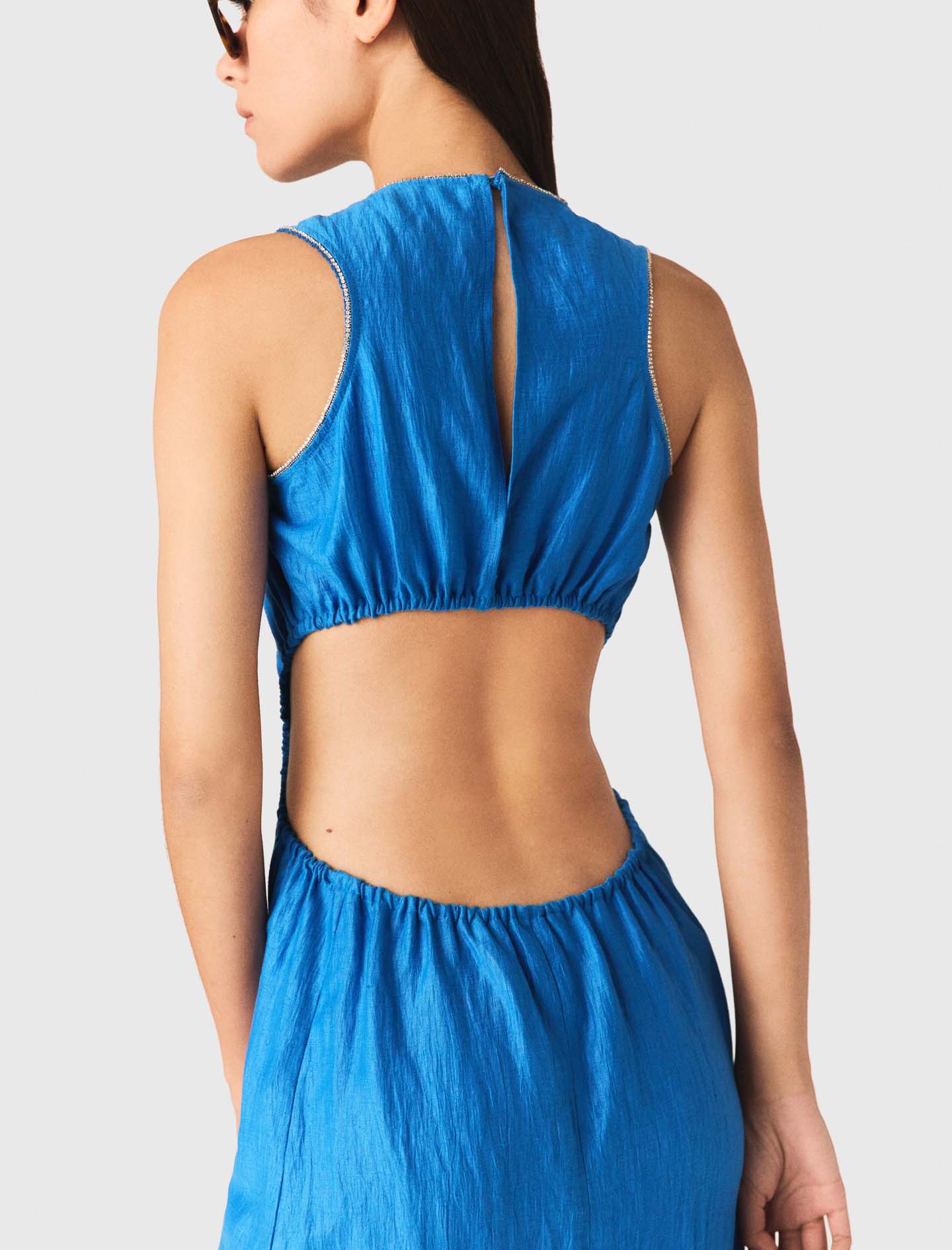 Backless linen blend midi dress - Blue