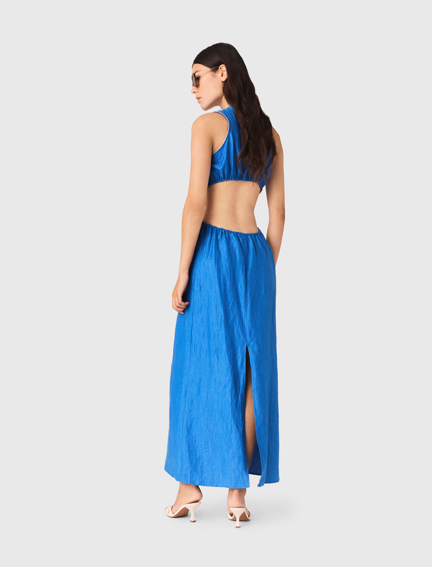 Backless linen blend midi dress - Blue