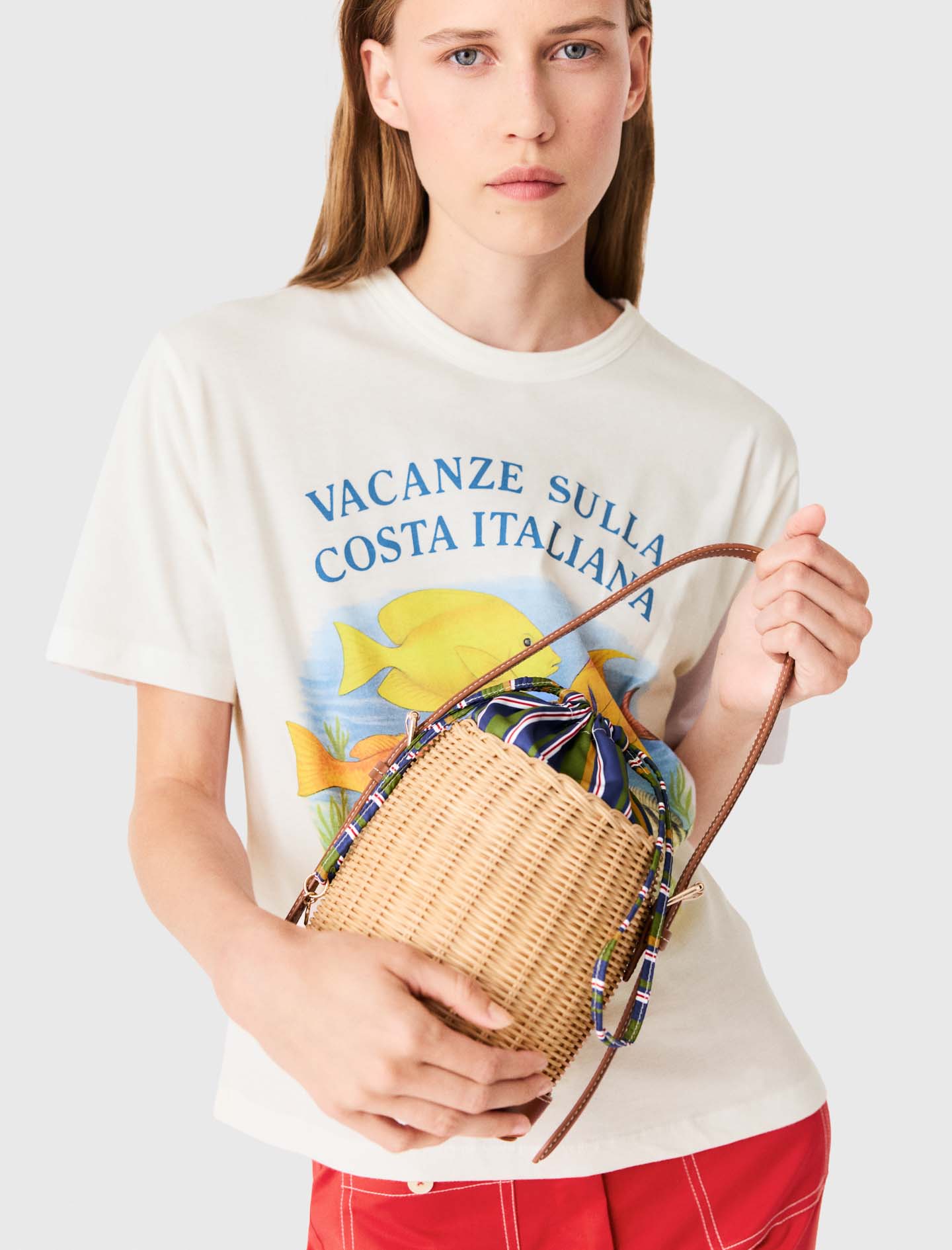 Wicker basket with printed pouch - Neutral