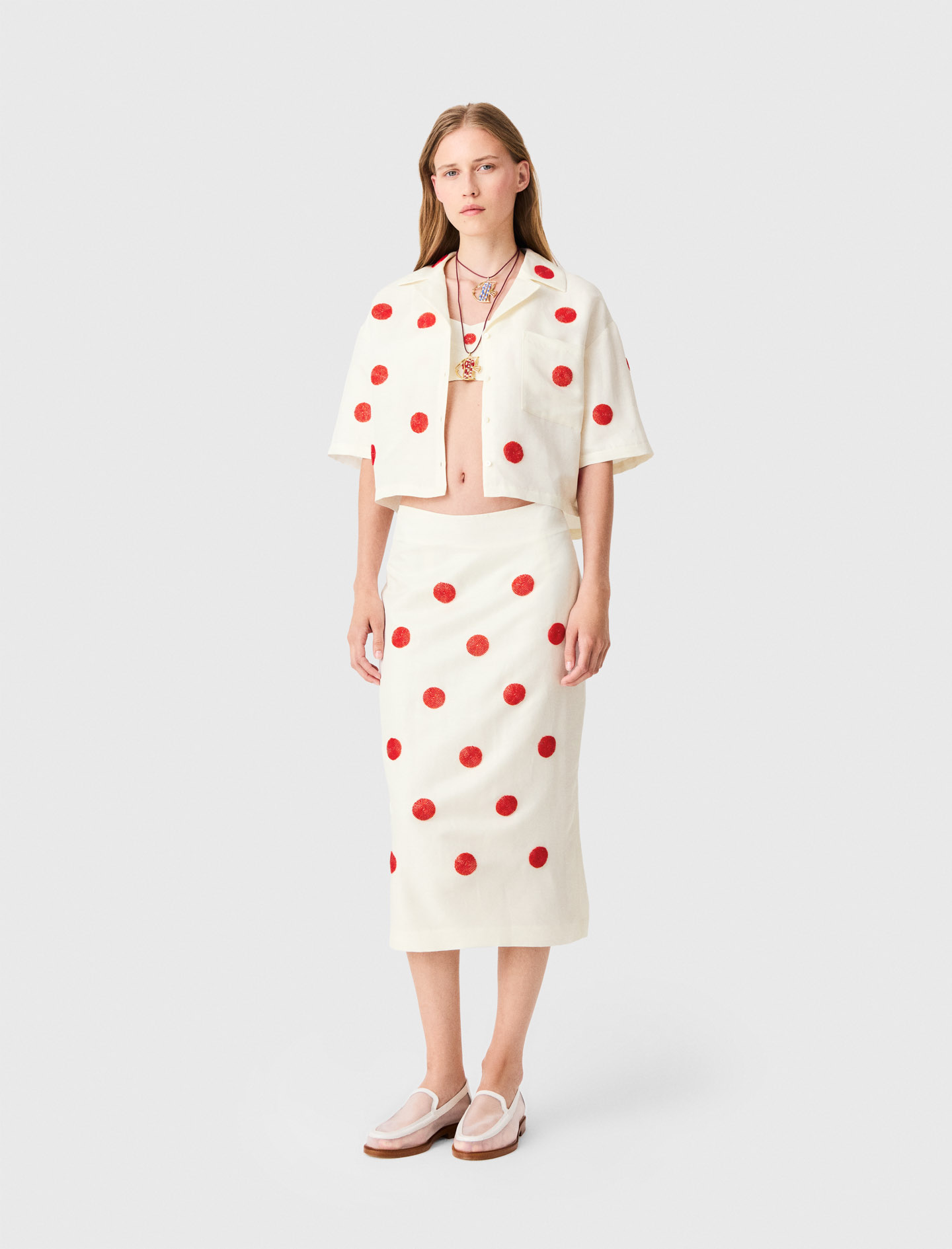Embroidered linen-silk pencil skirt - White