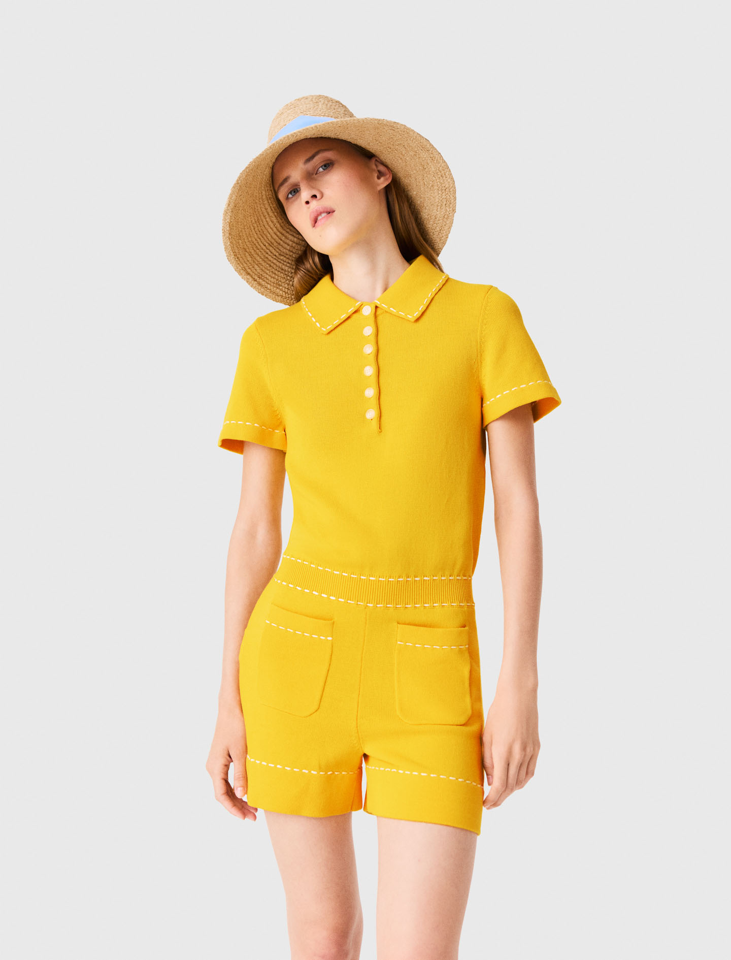 Knit playsuit with polo collar - Yellow