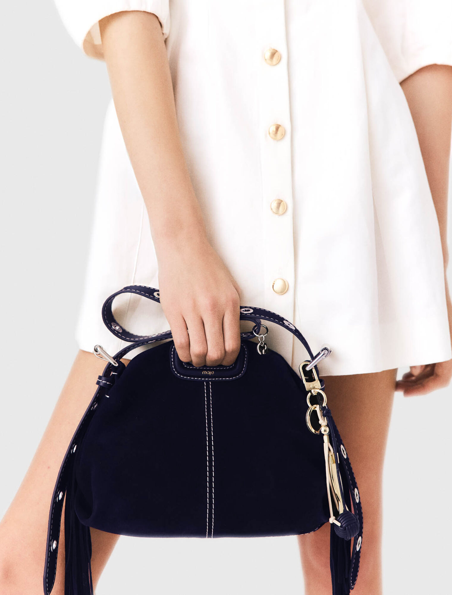 Topstitched suede mini Miss M bag - Navy