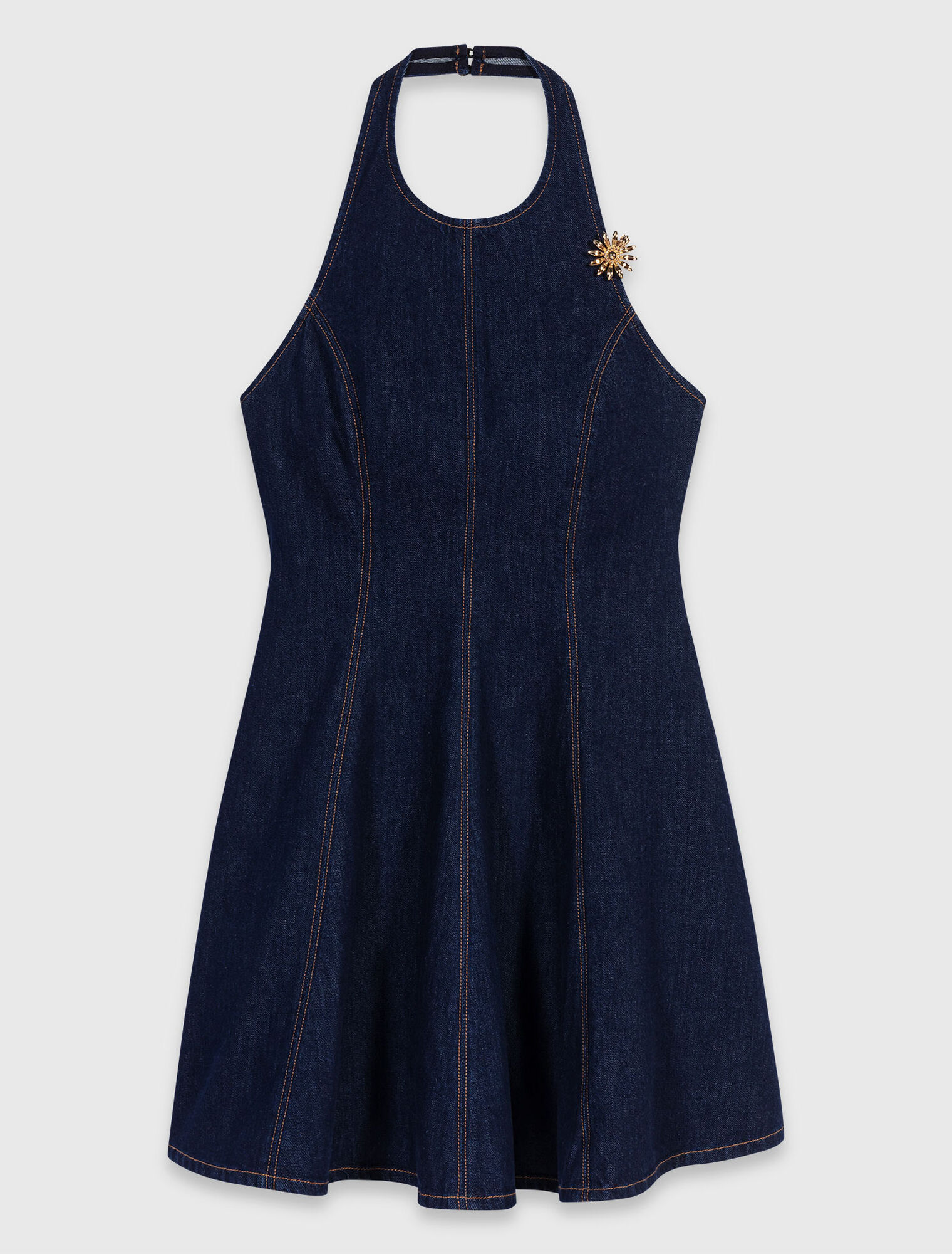 Short denim dress with brooch - Navy