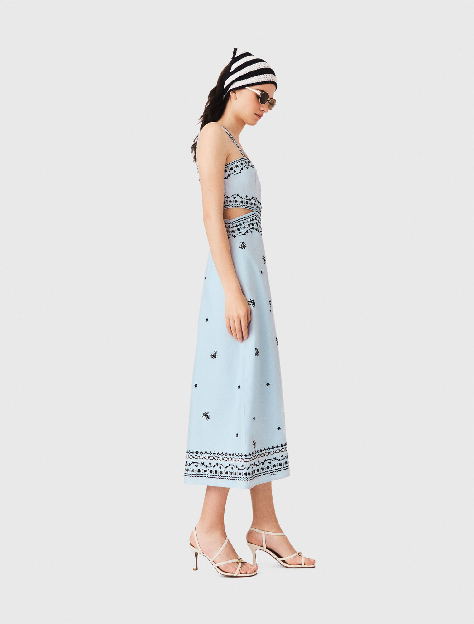 Embroidered linen blend maxi dress - Blue