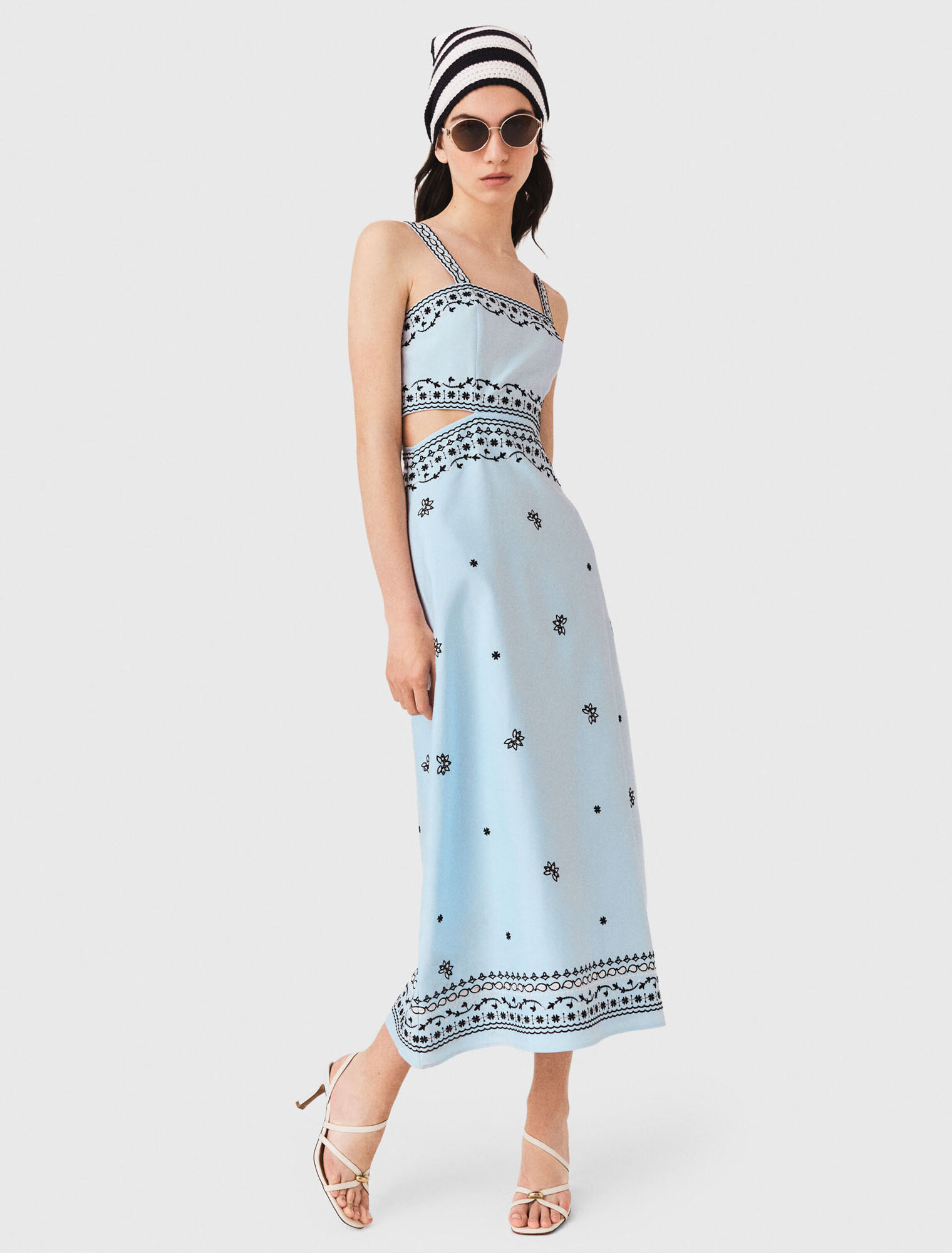 Embroidered linen blend maxi dress - Blue