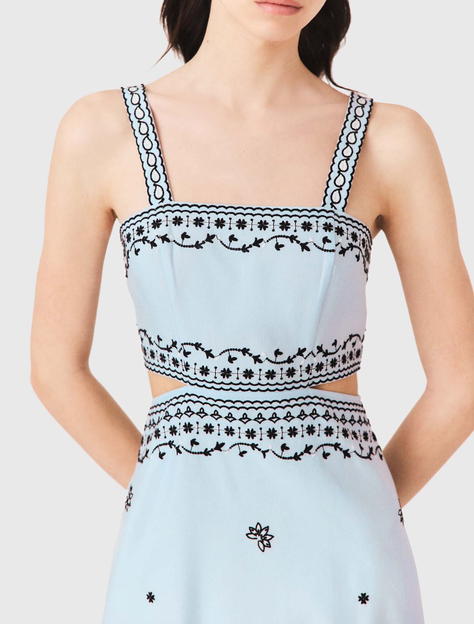 Embroidered linen blend maxi dress - Blue