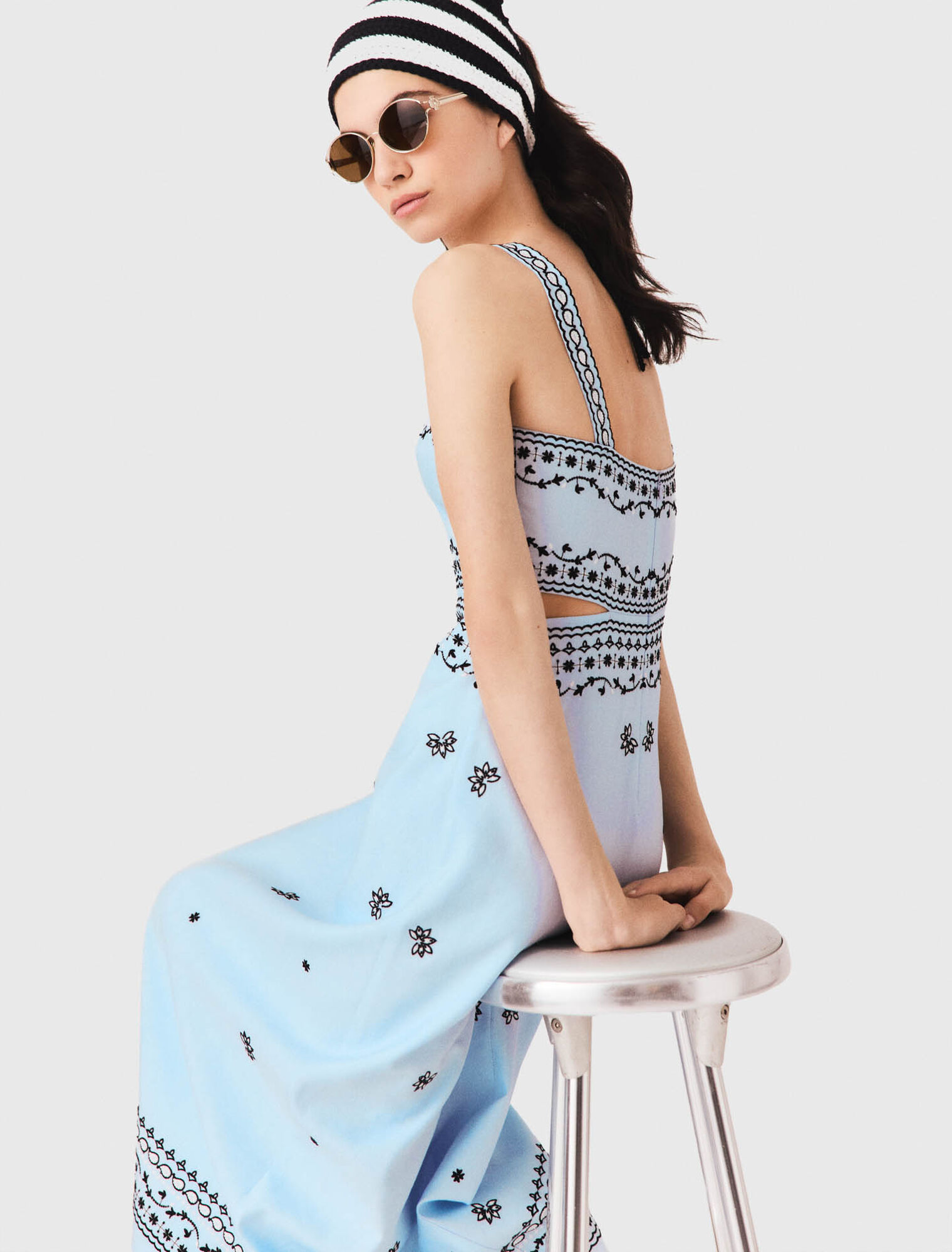 Embroidered linen blend maxi dress - Blue