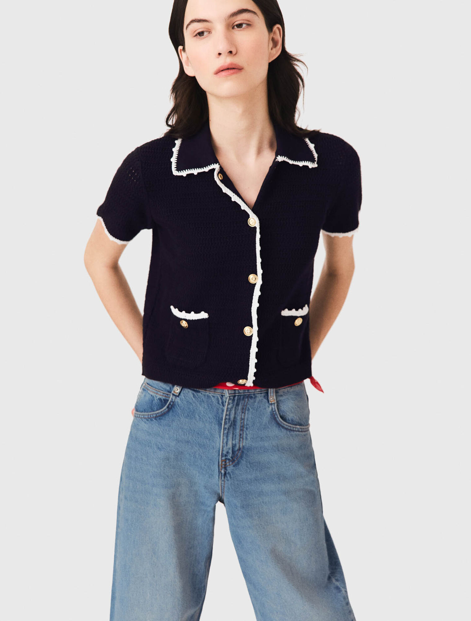 Cardigan with crochet trim - Navy