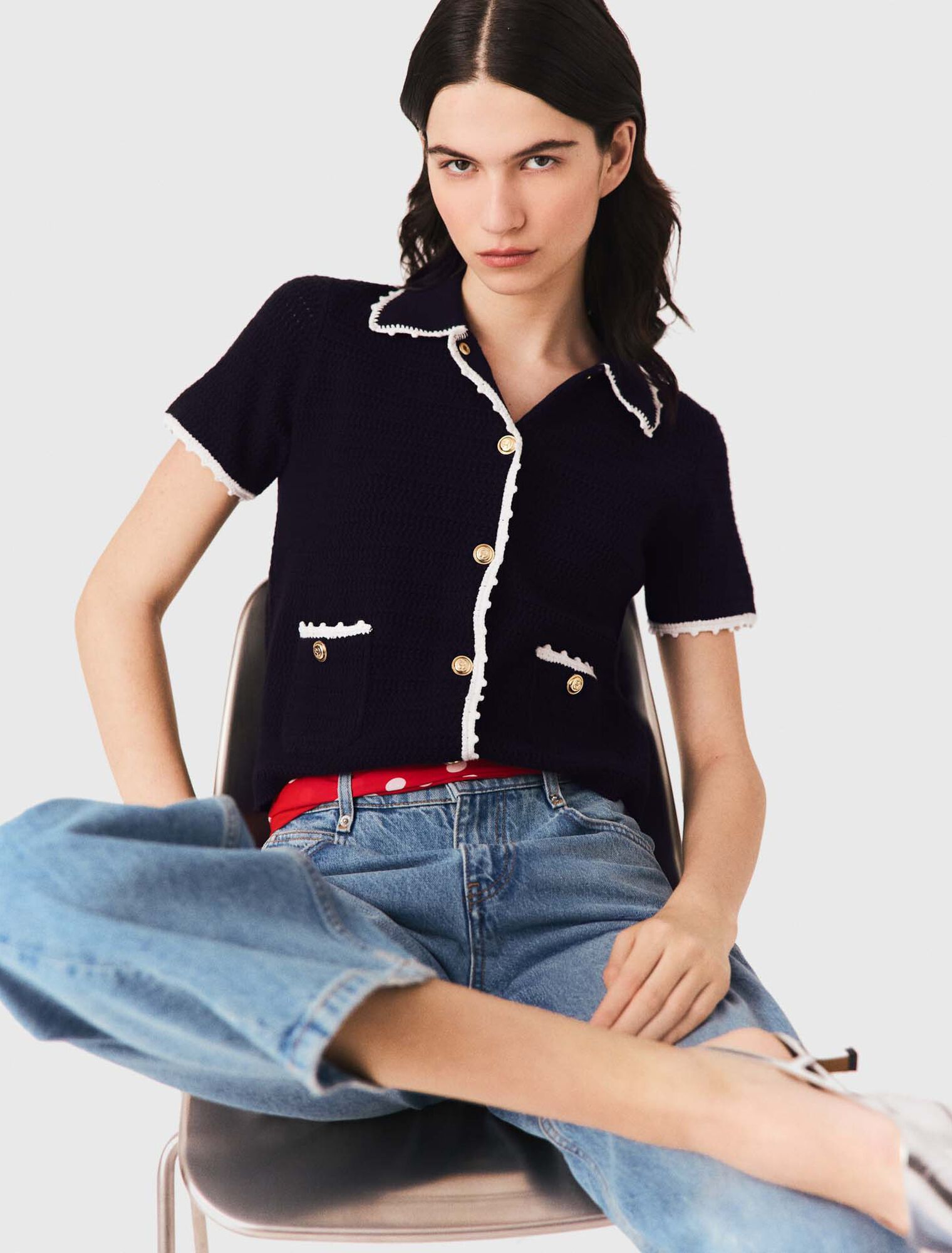 Cardigan with crochet trim - Navy