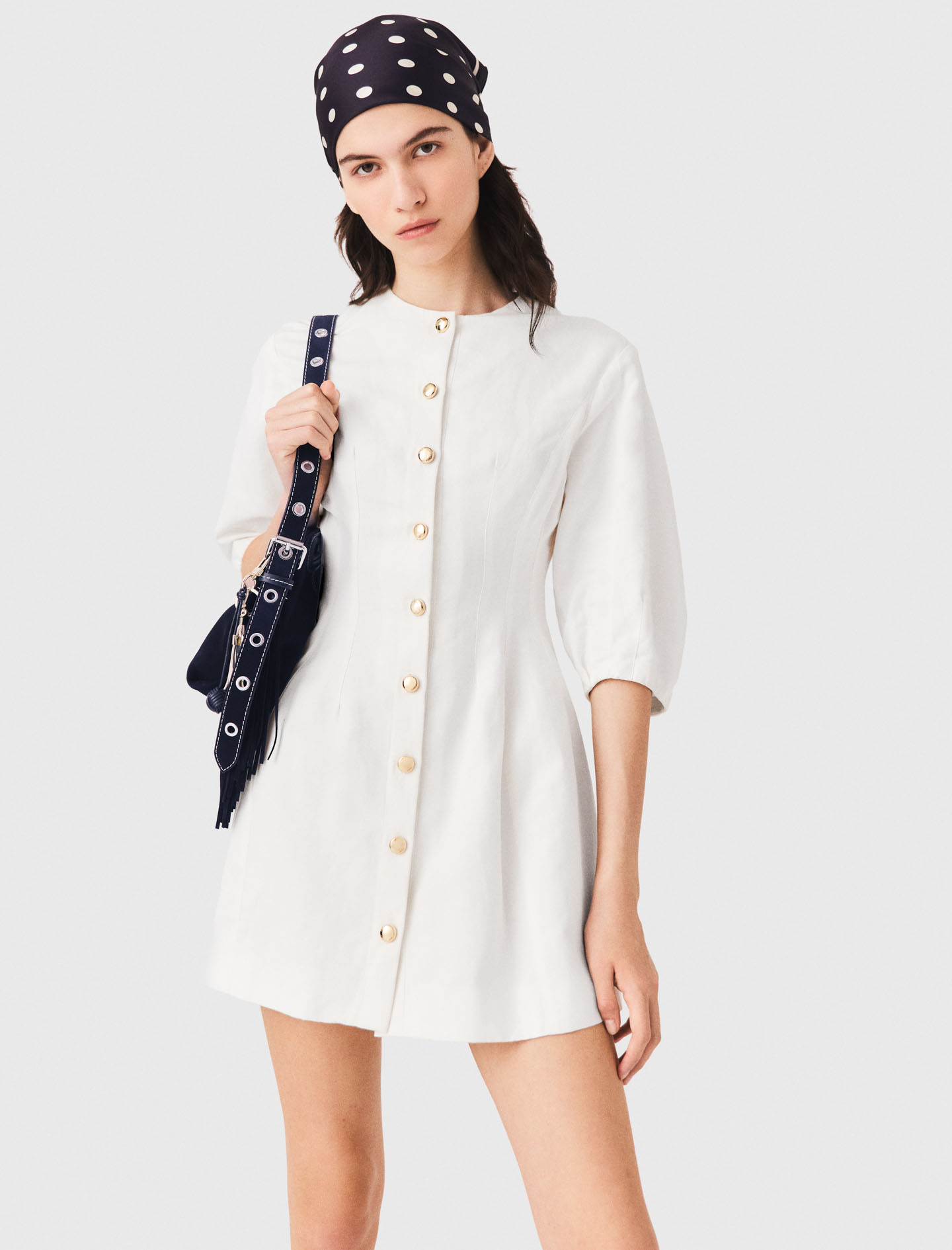 Short linen blend dress - White