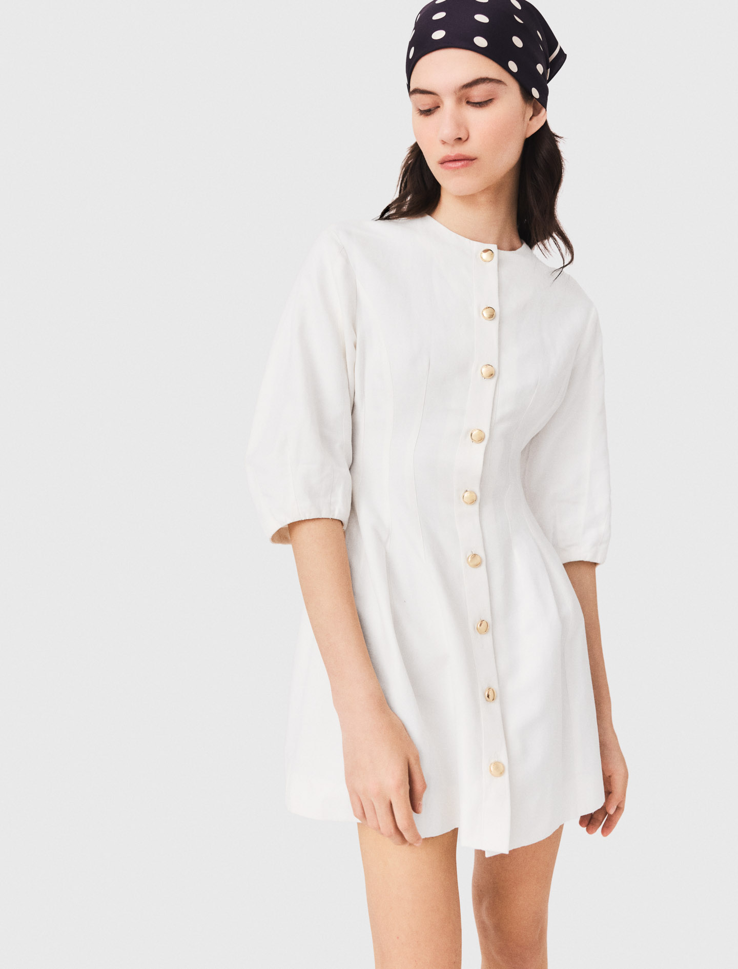 Short linen blend dress - White