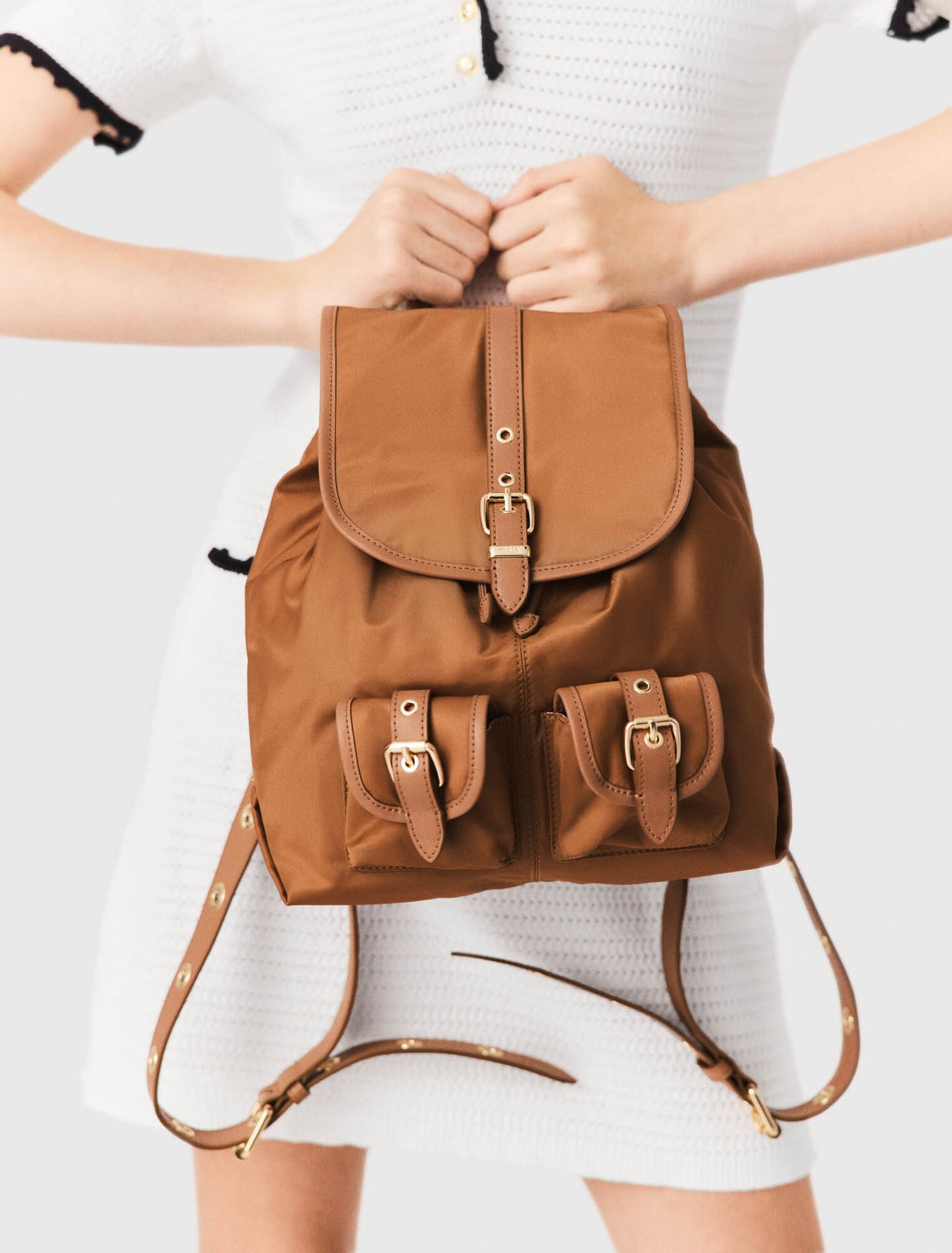 Leather and nylon backpack - Camel