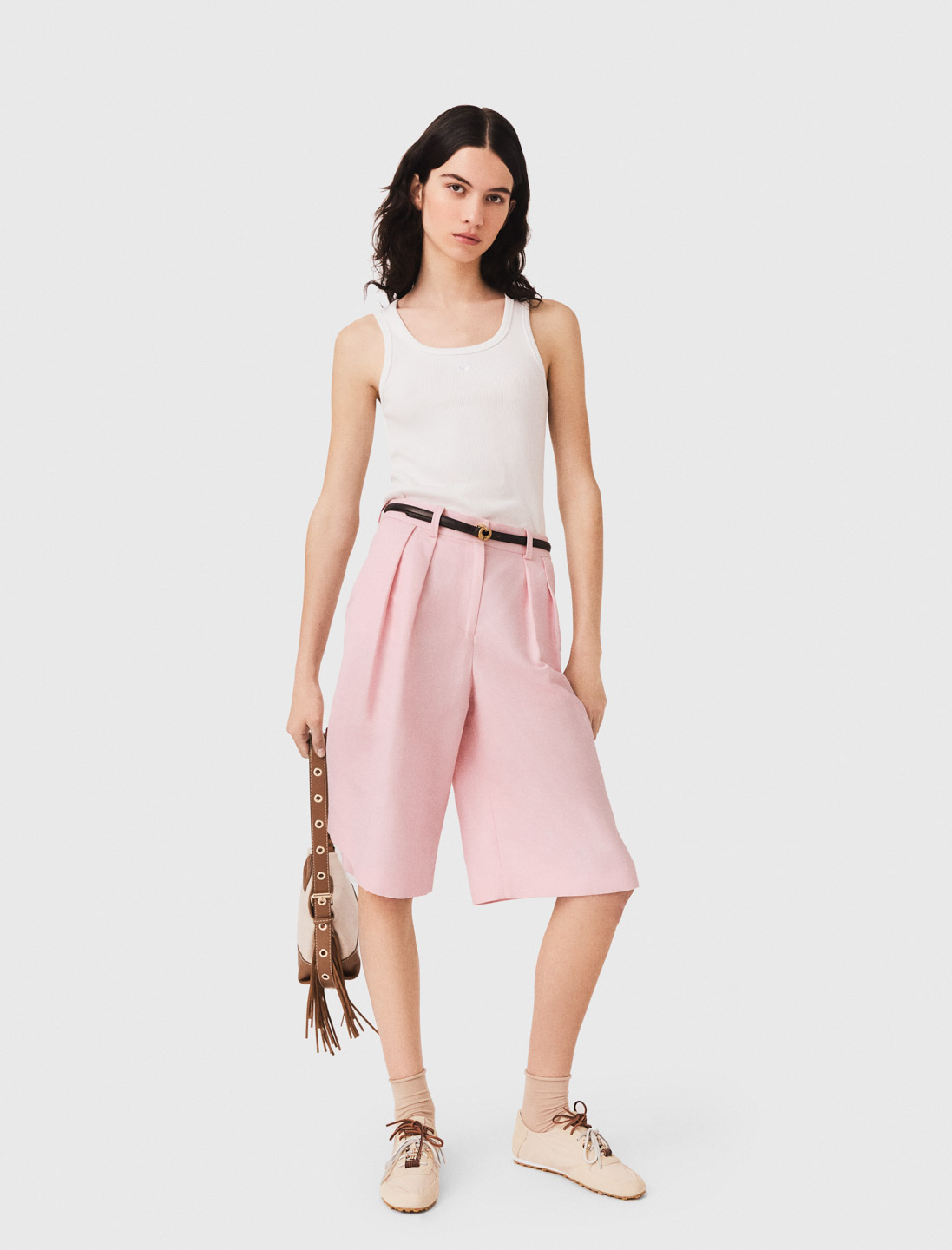 Pleated linen blend Bermuda shorts - Pink