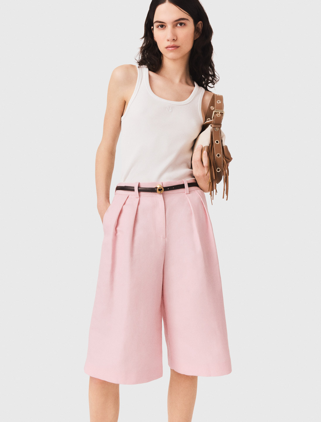 Pleated linen blend Bermuda shorts - Pink