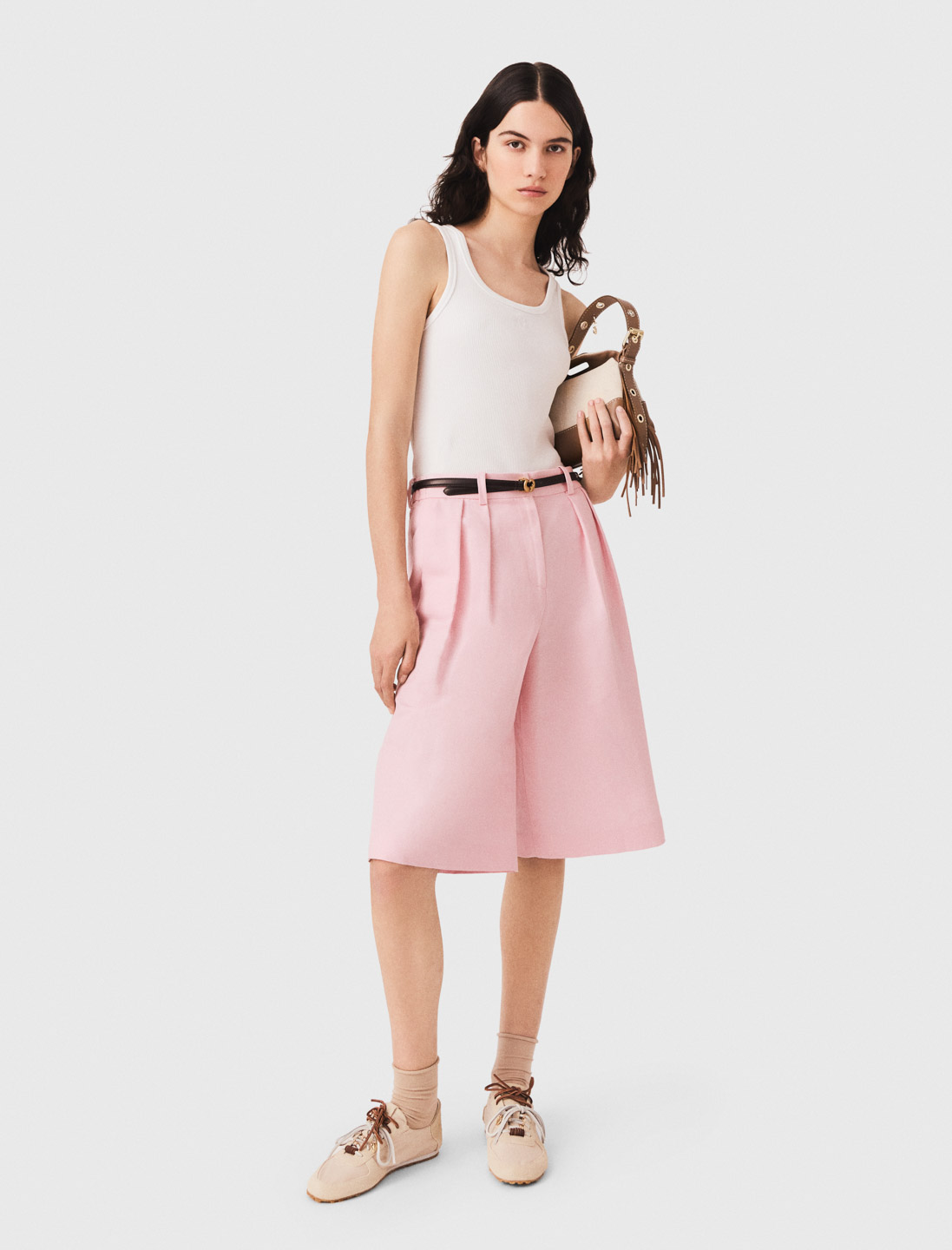 Pleated linen blend Bermuda shorts - Pink