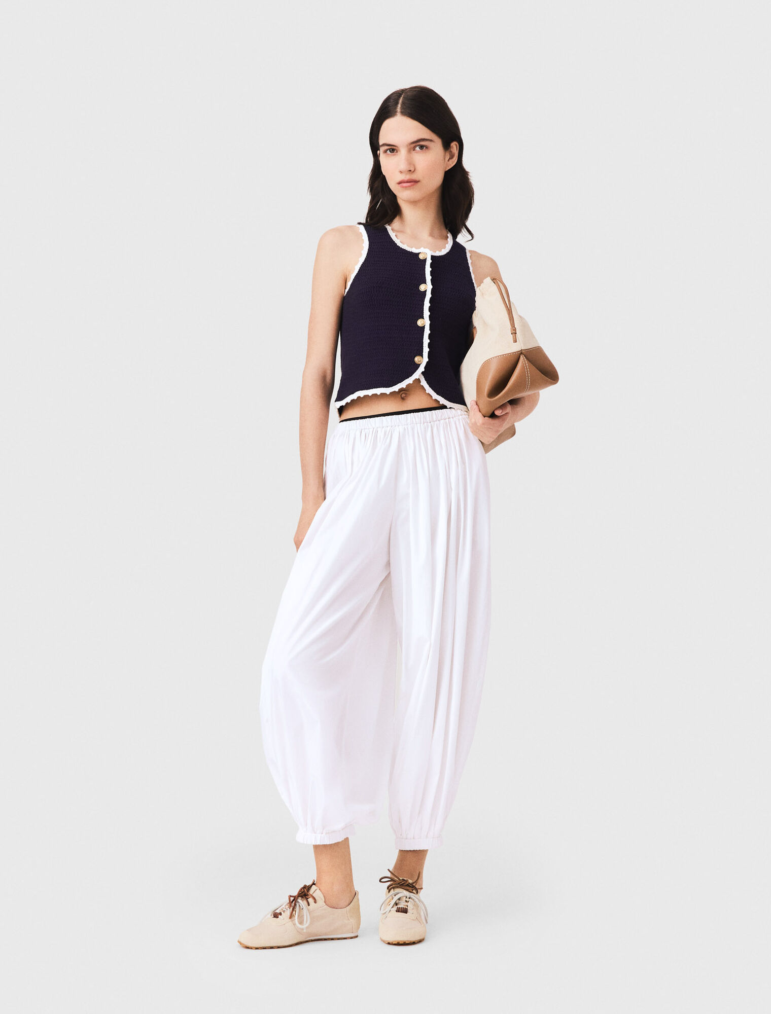 Knit top with crochet trim - Navy
