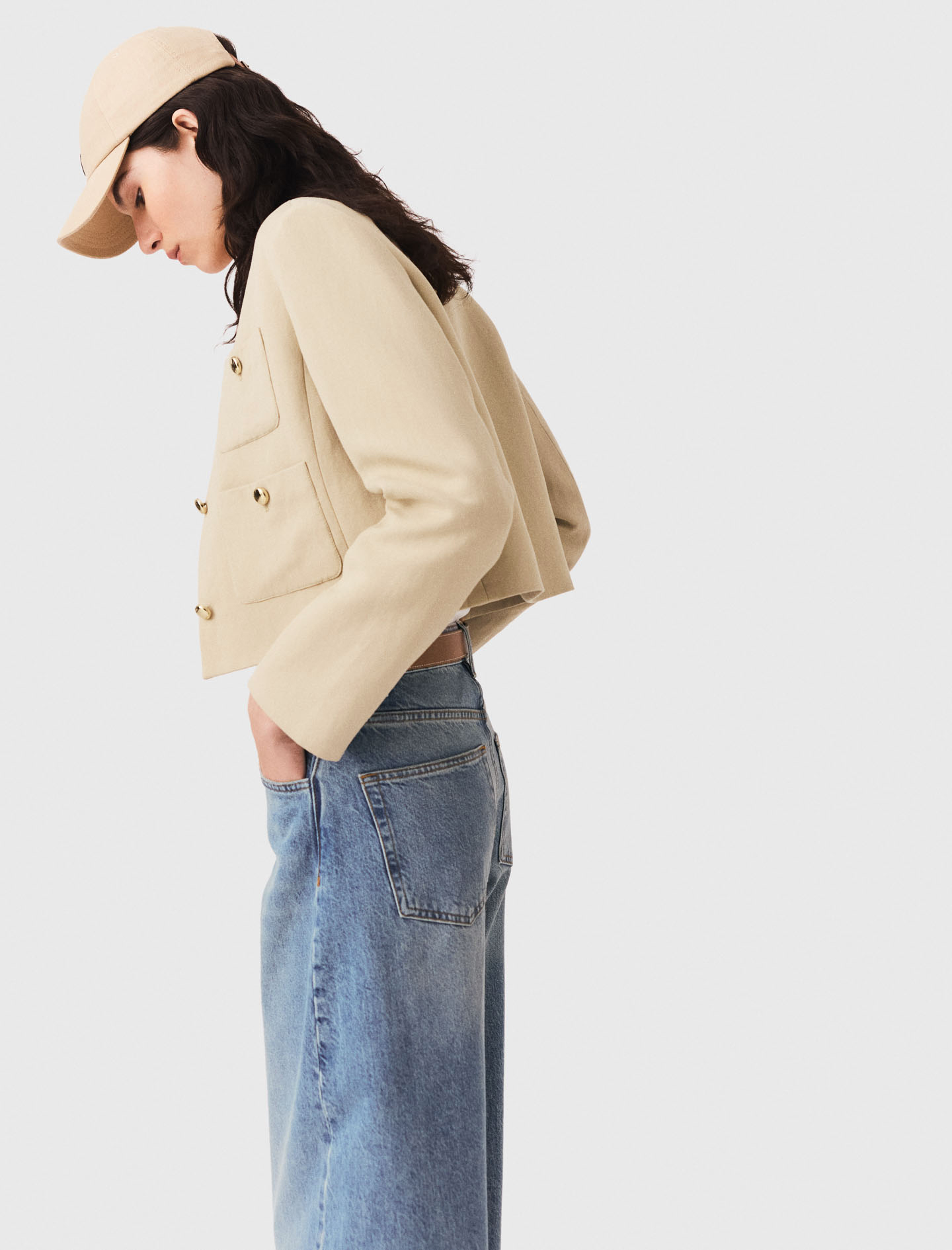 Short linen blend jacket - Beige