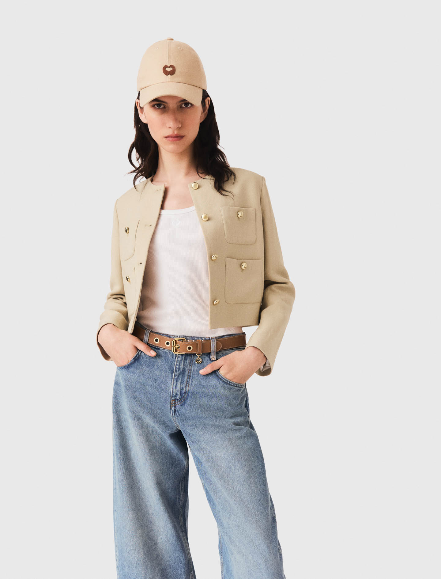 Short linen blend jacket - Beige