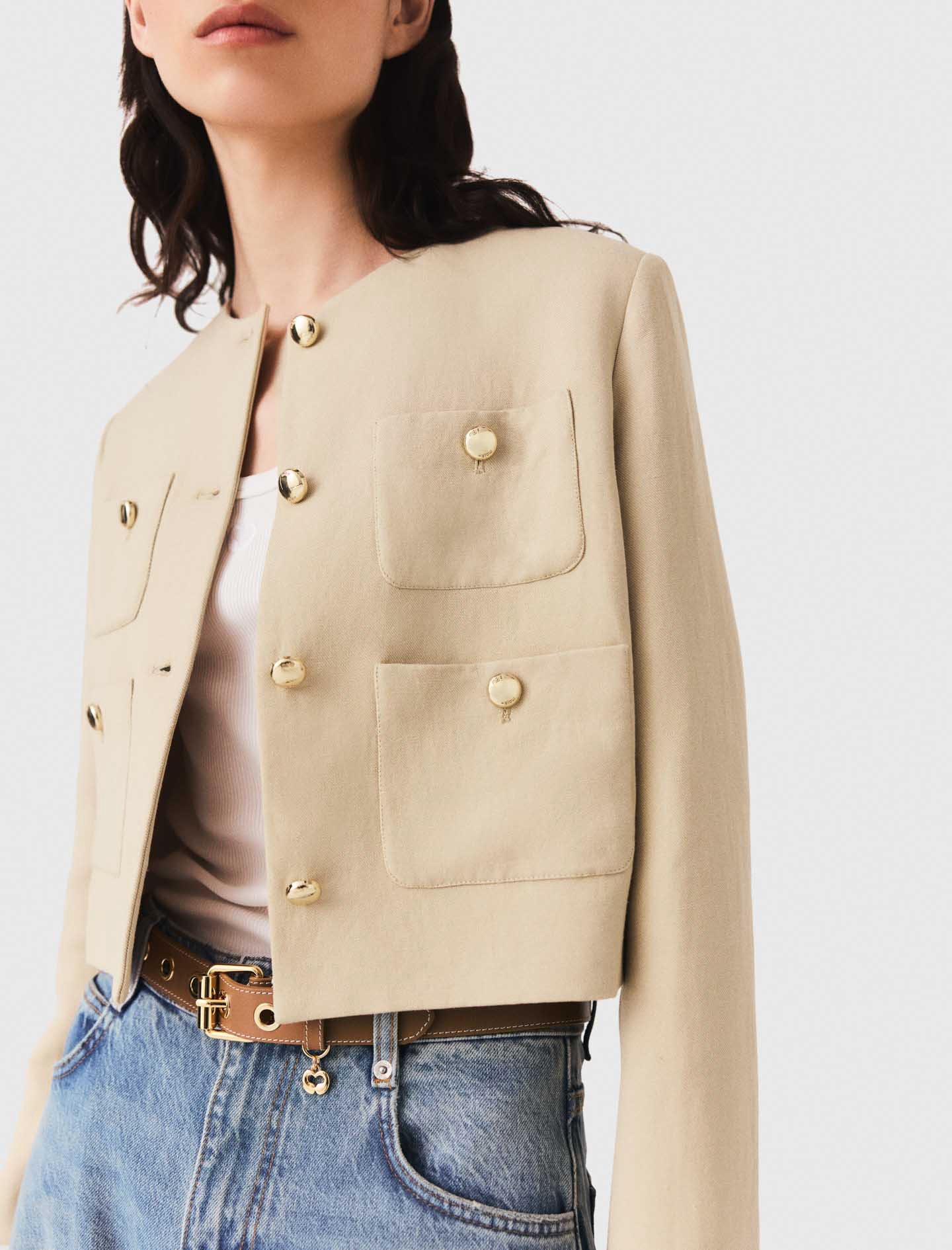 Short linen blend jacket - Beige