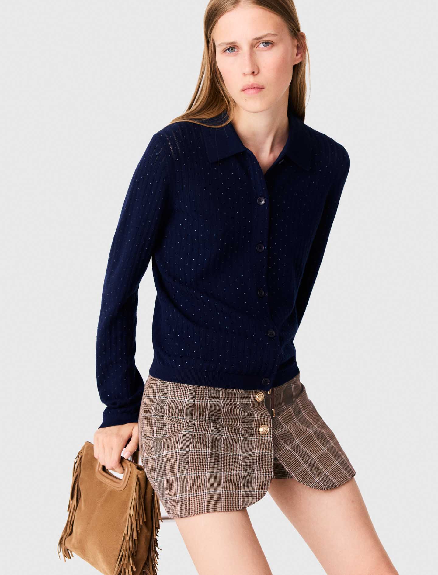 Rhinestone polo collar cardigan - Navy