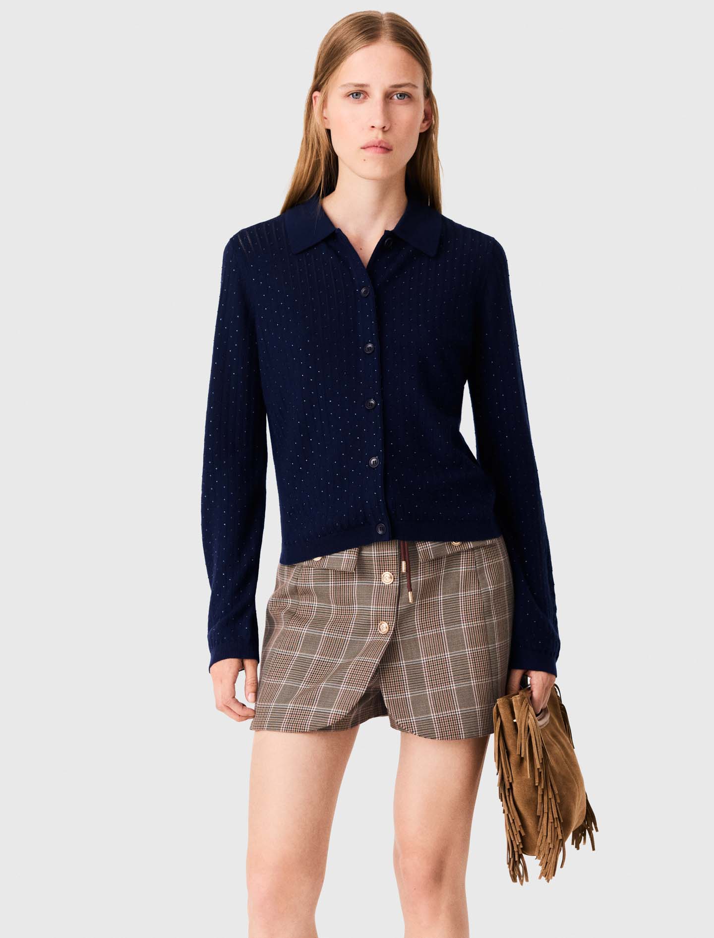 Rhinestone polo collar cardigan - Navy